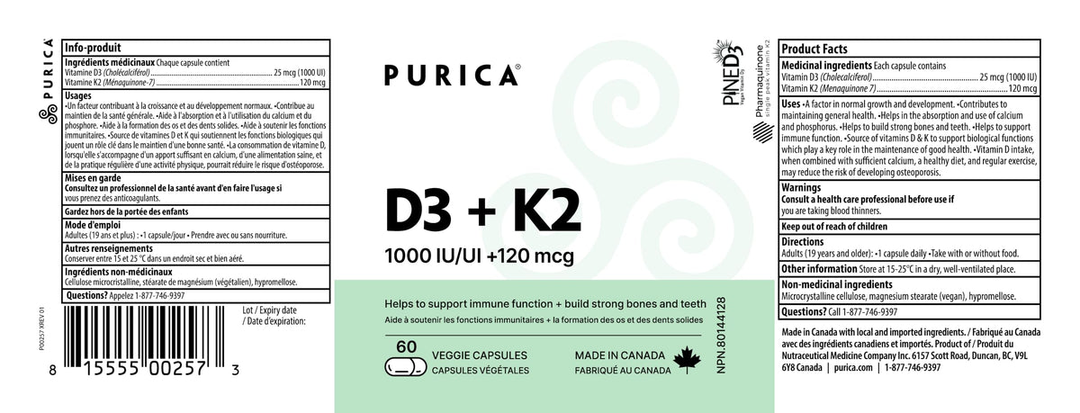 Purica D3 + K2 Capsules, 1000 IU + 120 mcg, 60 Veggie Capsules