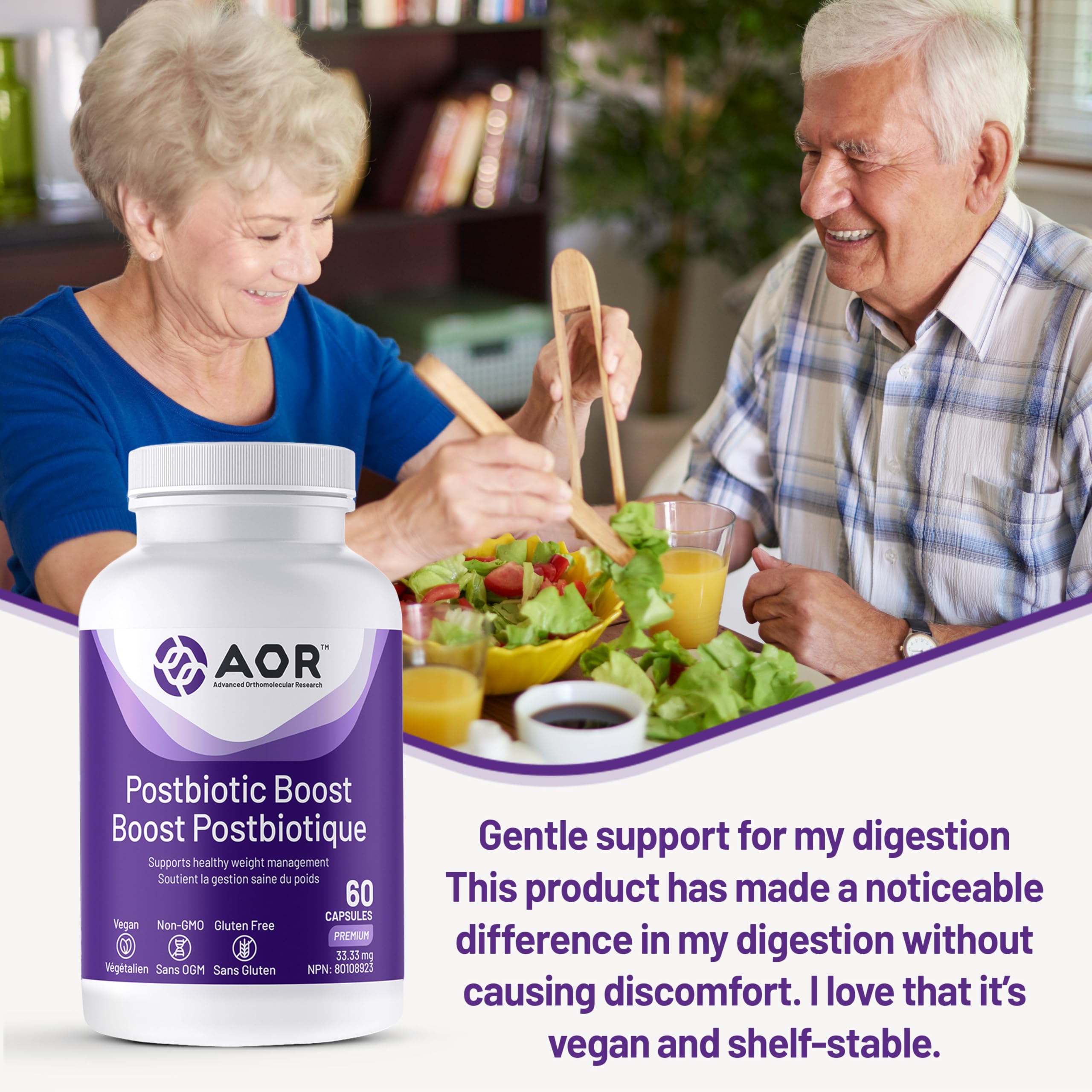 AOR Postbiotic Boost 60 gélules, 60 jours d'approvisionnement - Formule postbiotique avancée avec BPL1, favorise un mode de vie équilibré, contient du Bifidobacterium lactis CECT8145, soutient le confort digestif, végétalien, sans OGM