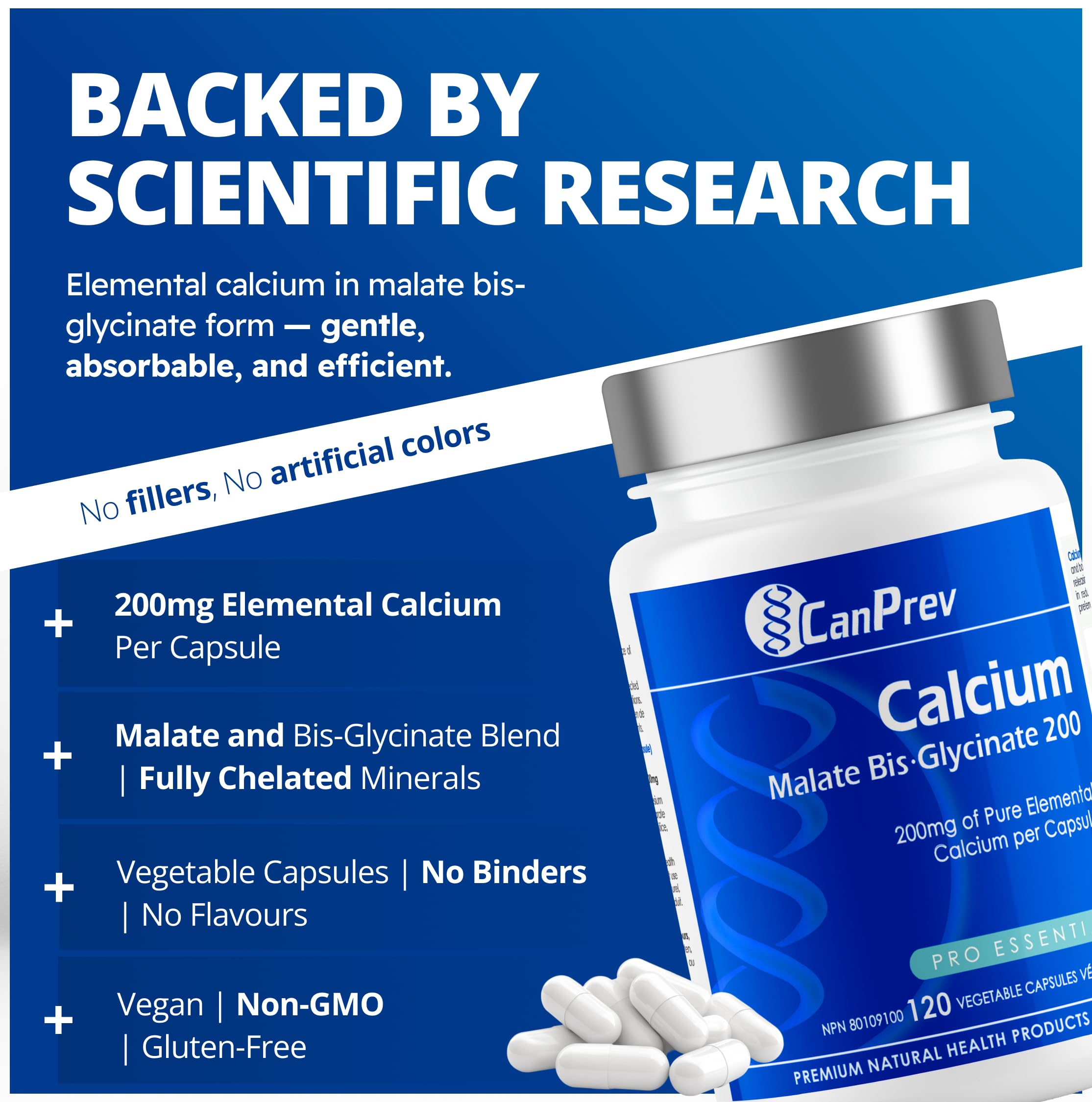 CanPrev Calcium Malate Bis-Glycinate Supplement, 120 Capsules 120-Day Supply - Therapeutic 200mg Elemental - Ideal for Healthy Bones, Teeth, Muscle Cramps and Promote Relaxation - Vegan and Non-GMO