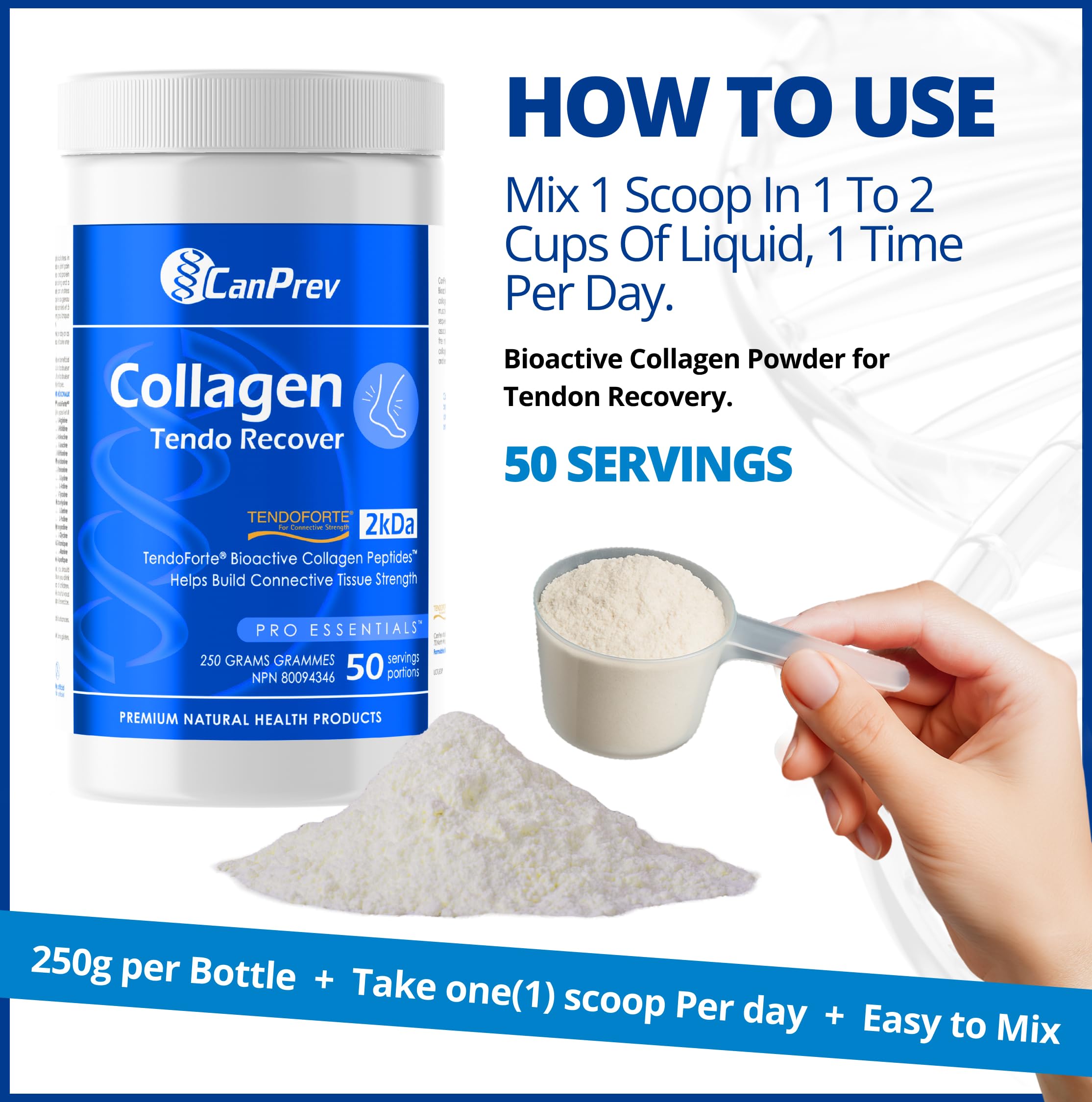 CanPrev Collagen Tendo Recover Powder for Men & Women 250g 50-Servings, Unflavoured - Bioactive Collagen Peptides for Joint Strength - Supports Healthy Skin, Hair, & Nails - Hydrolyzed for Absorption