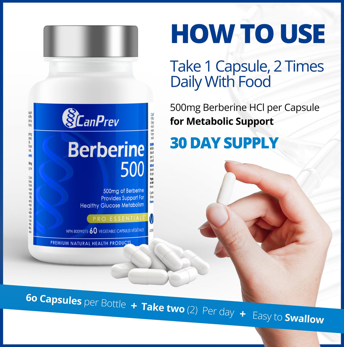 CanPrev Berberine 500mg Capsules, Glucose Metabolism, Vegan, 30 Day Supply