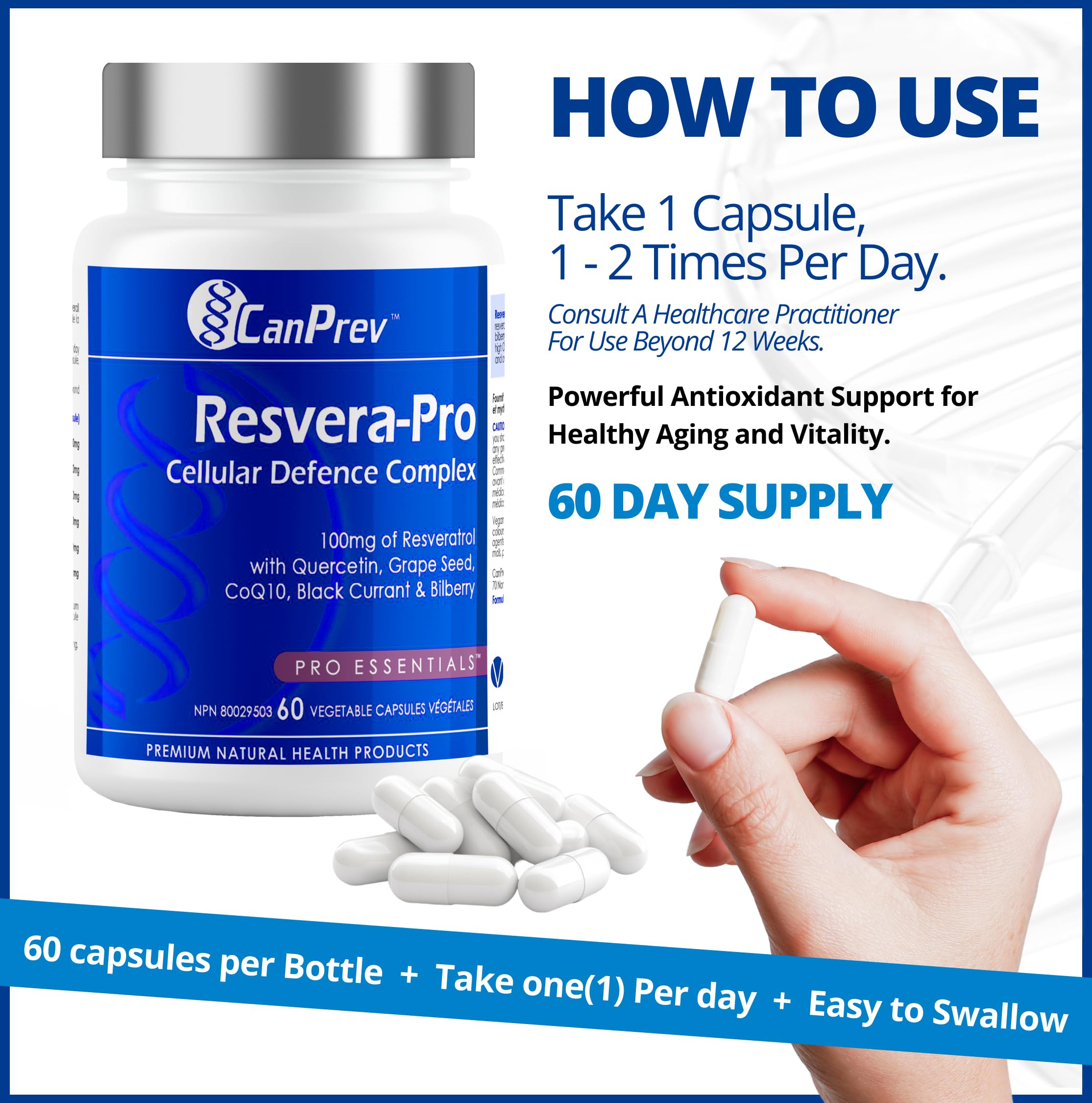 CanPrev Resvera-Pro Resveratrol, 60 Capsules 60-Day Supply - Coenzyme Q10-100mg Resveratrol with Quercetin, Grape Seed, Black Currant and Bilberry - A Blend of Antioxidants - Vegan Friendly