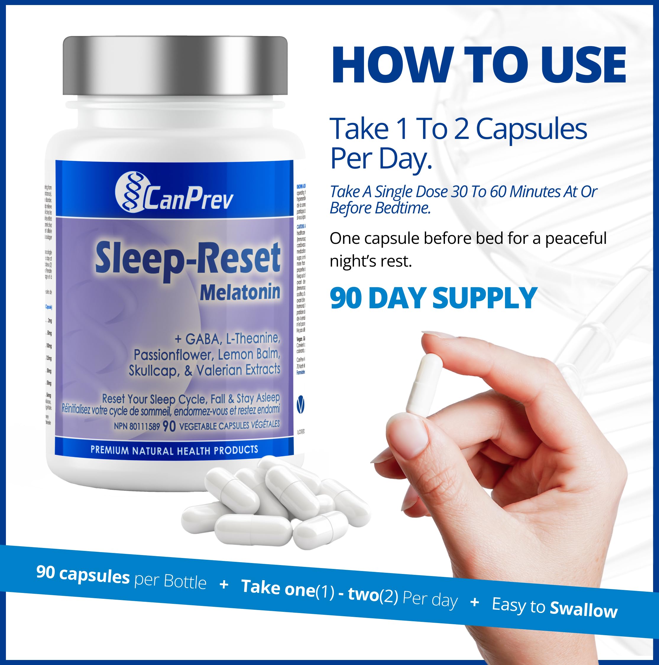 CanPrev Melatonin Sleep-Reset, 90 V-Caps 90-Day Supply - Includes GABA, L-Theanine, Lemon Balm & Valerian - Sleep Support Supplement - Promotes Relaxation and Restful Nights - Vegan Friendly