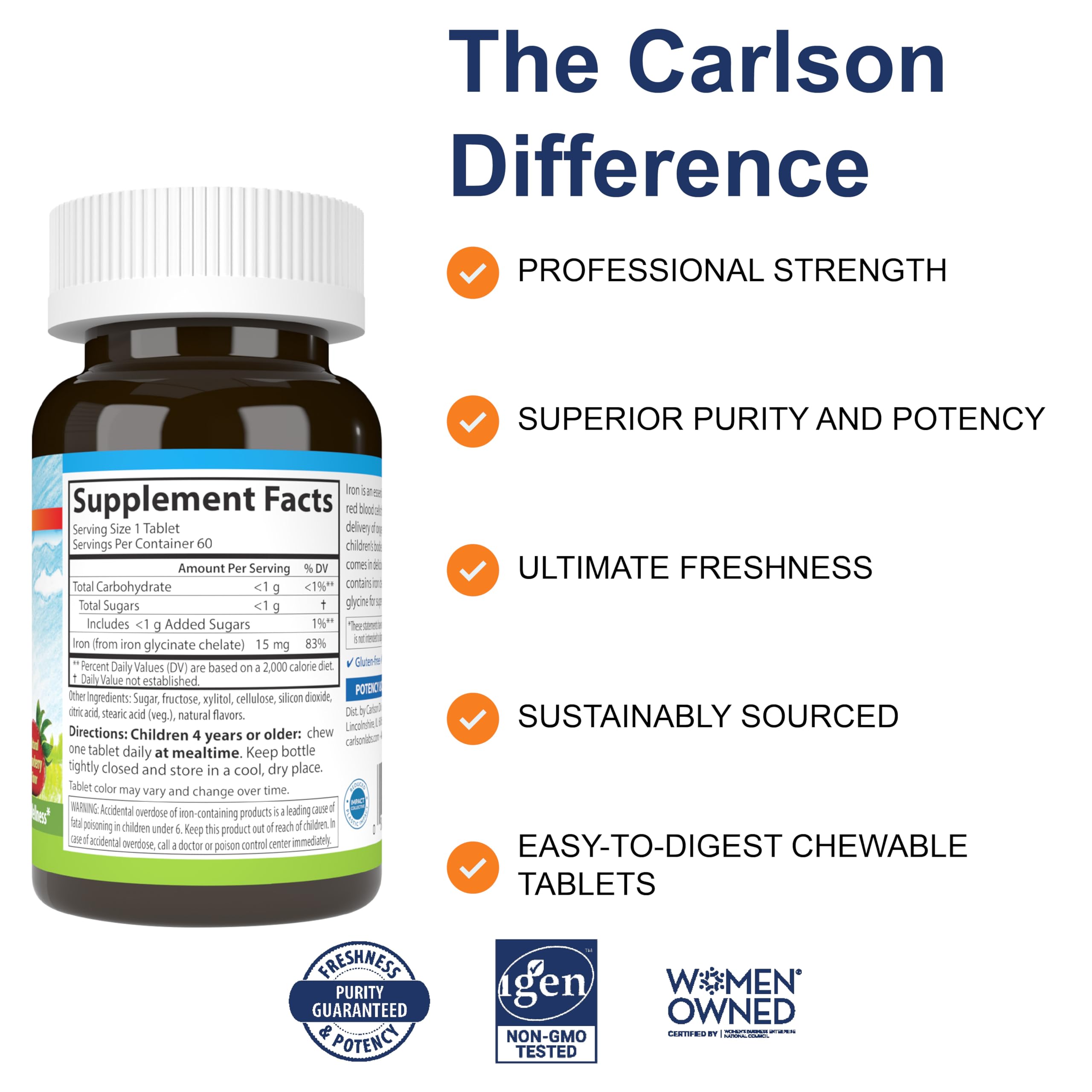 Carlson - Fer à croquer pour enfants, 15 mg, absorption supérieure, production d'énergie, bien-être optimal, sans OGM, fraise, 60 comprimés à croquer