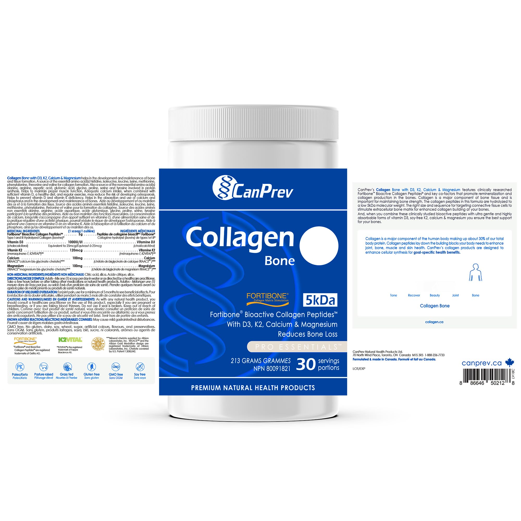 CanPrev Collagène Os, 213g Poudre 30 Portions, Peptides de collagène bioactifs Fortibone avec D3, K2, Calcium & Magnésium - Hydrolysé pour une absorption améliorée, Soutient des os solides, Sans OGM & Sans gluten