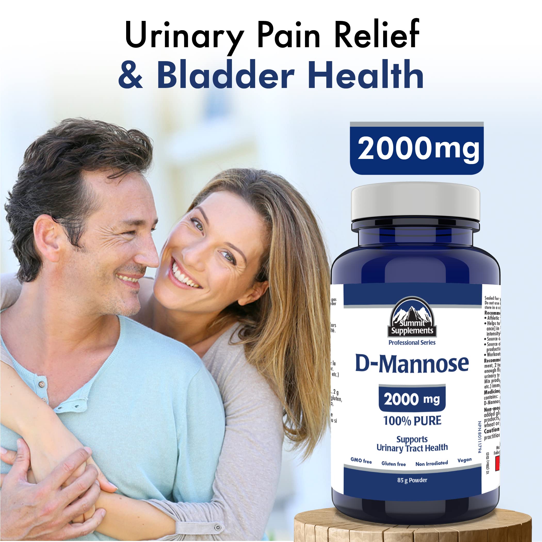 Poudre de D-Mannose pour les infections urinaires (santé des voies urinaires), fièrement canadienne et à impact plastique négatif.