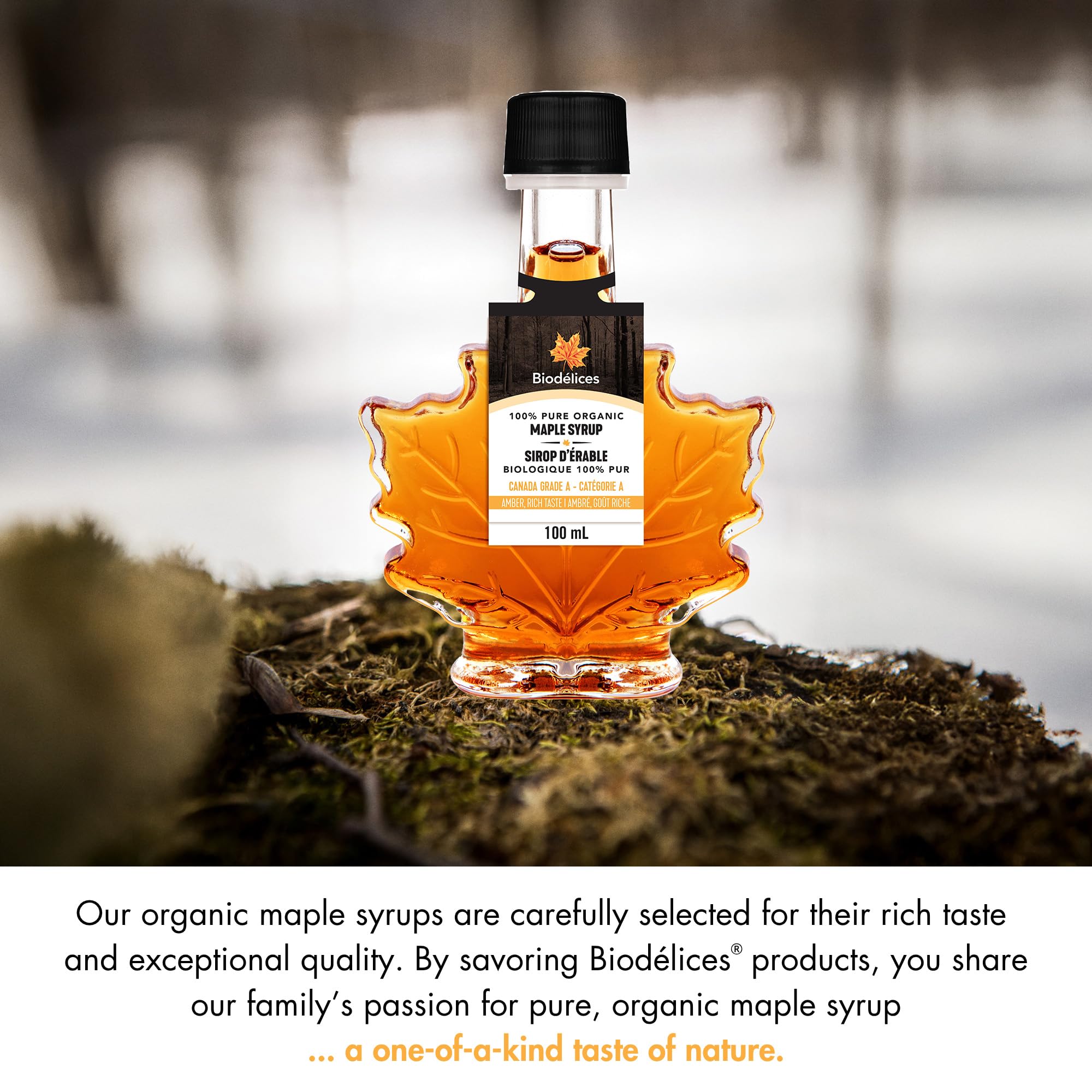 Biodélices 100% Pure Organic Maple Syrup - Grade A - Quebec's Finest in Elegant Maple Leaf Bottle