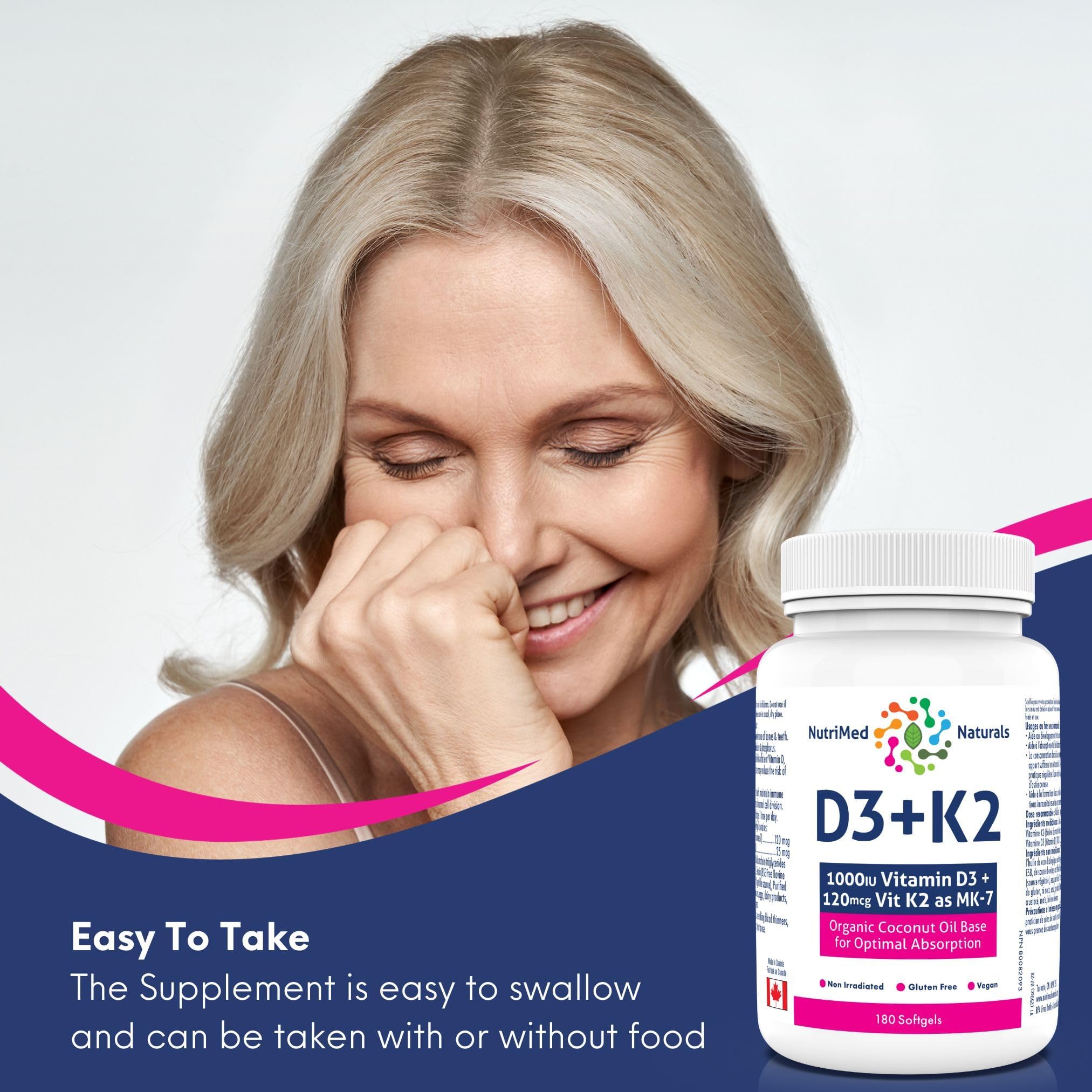 Nutrimed Naturals - D3 + K2, 180 Softgels 180-Day Supply - Optimal Absorption with Organic Coconut Oil Base, MK7 K2 Vitamin for Bone and Heart Health - 3rd Party Tested - Formulated & Made in Canada