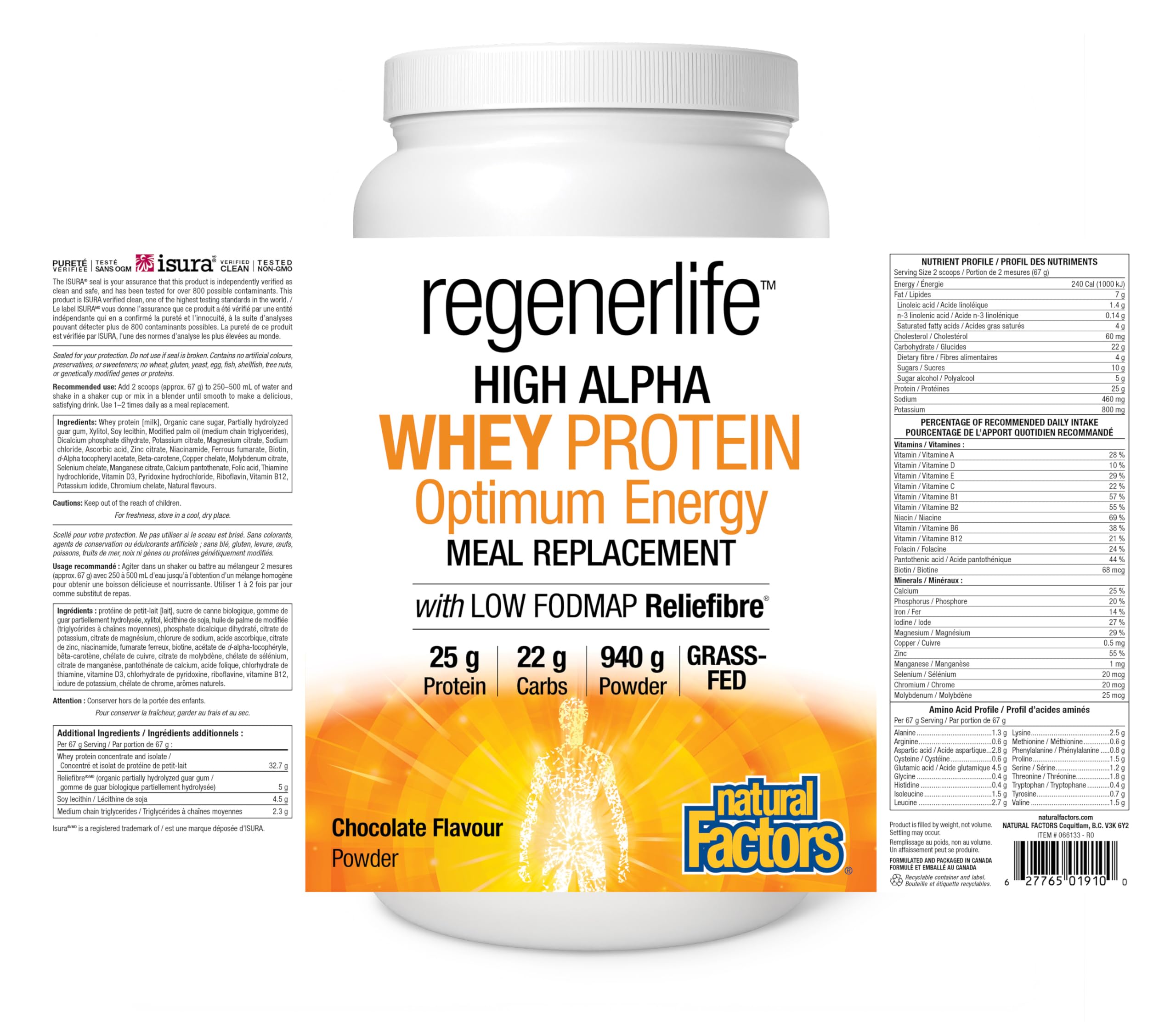 Natural Factors Regenerlife High Alpha Whey Protein Meal Replacement, Chocolate Flavour, 940 g Powder, 25 g of Protein + 5g of Low-FODMAP Reliefibre, Grass-Fed Whey, Proudly Canadian