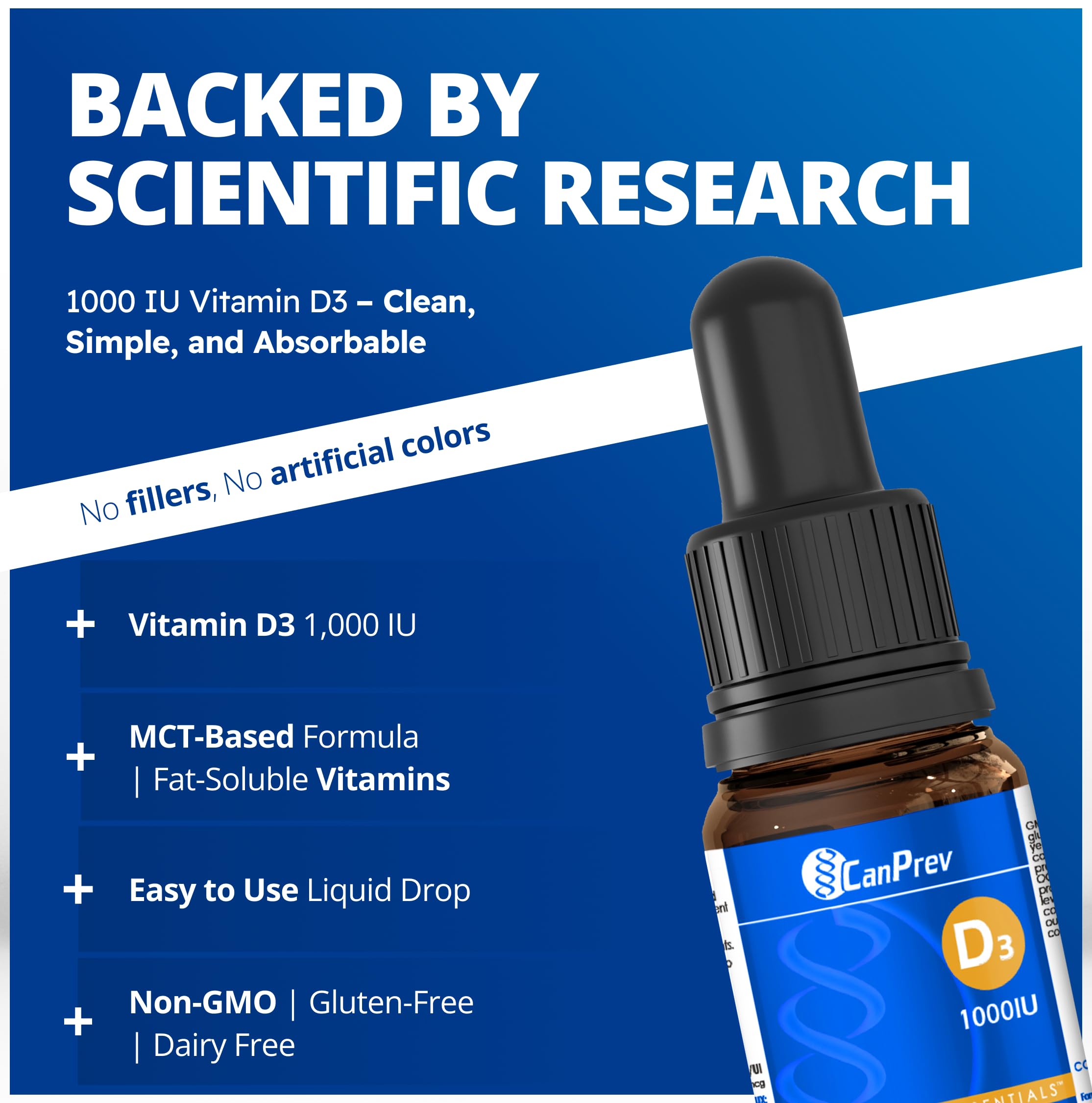 CanPrev Vitamine D3 Gouttes Liquides 1 000 UI (25 mcg), 15 ml, Approvisionnement de 300 jours - D3 d'origine végétale avec huile MCT - Aide à maintenir des os et des dents solides, Vitamine D liquide pour le bien-être quotidien et le soutien en calcium