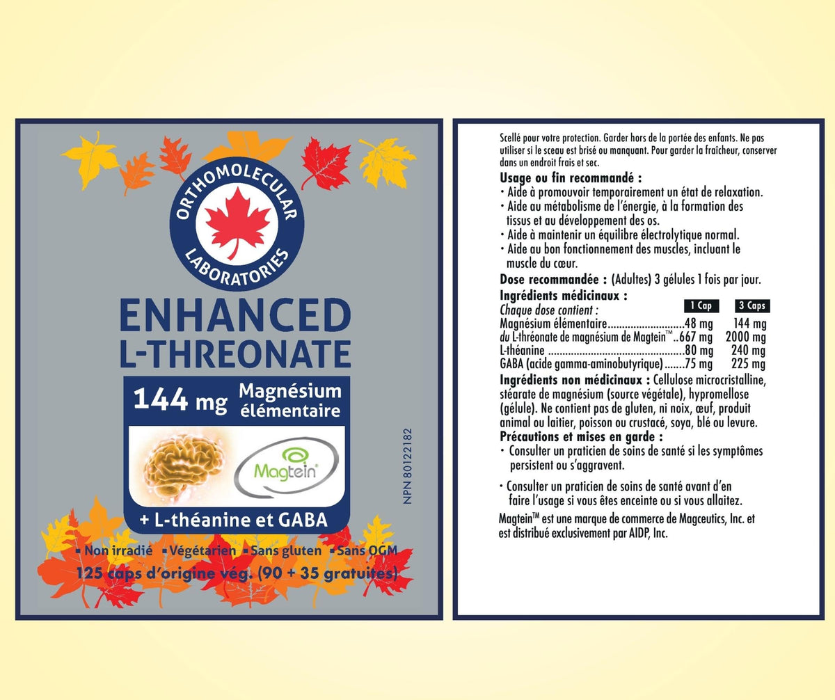 Orthomolecular Laboratories - Enhanced Magtein Magnesium L-Threonate 144mg + L-Theanine & Gaba, 125 Veggie Capsules 41-Day Supply - Promote Relaxation, Electrolyte Balance and Maintain Muscle Function