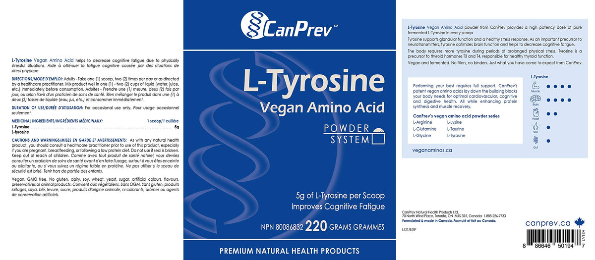 CanPrev L-Tyrosine Amino Acid Powder, For Adults, Vegan, Unflavoured, 220g