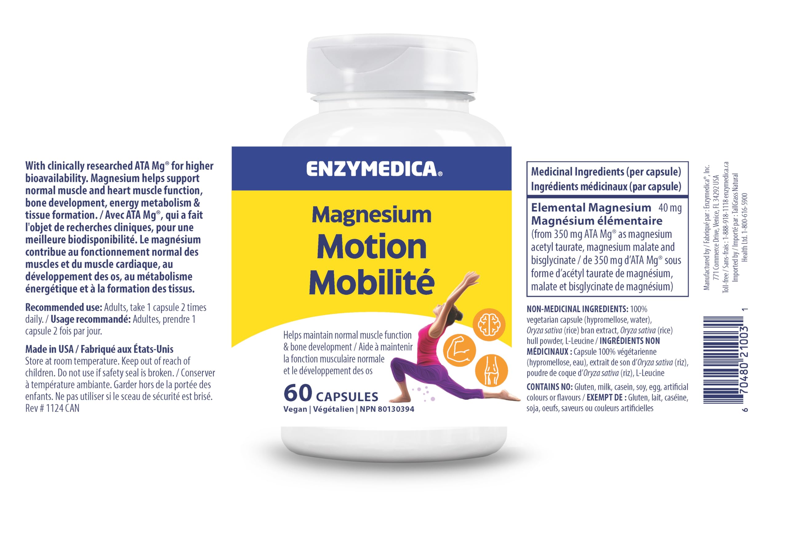 Enzymedica Magnesium Motion, 60 Vegan Caps, 30-Day Supply, Enhanced Magnesium Glycinate, Malate & ATA Mg, Promotes Relaxation, Supports Muscle, Bone & Heart Function, Dairy & Soy Free, Easy Absorption