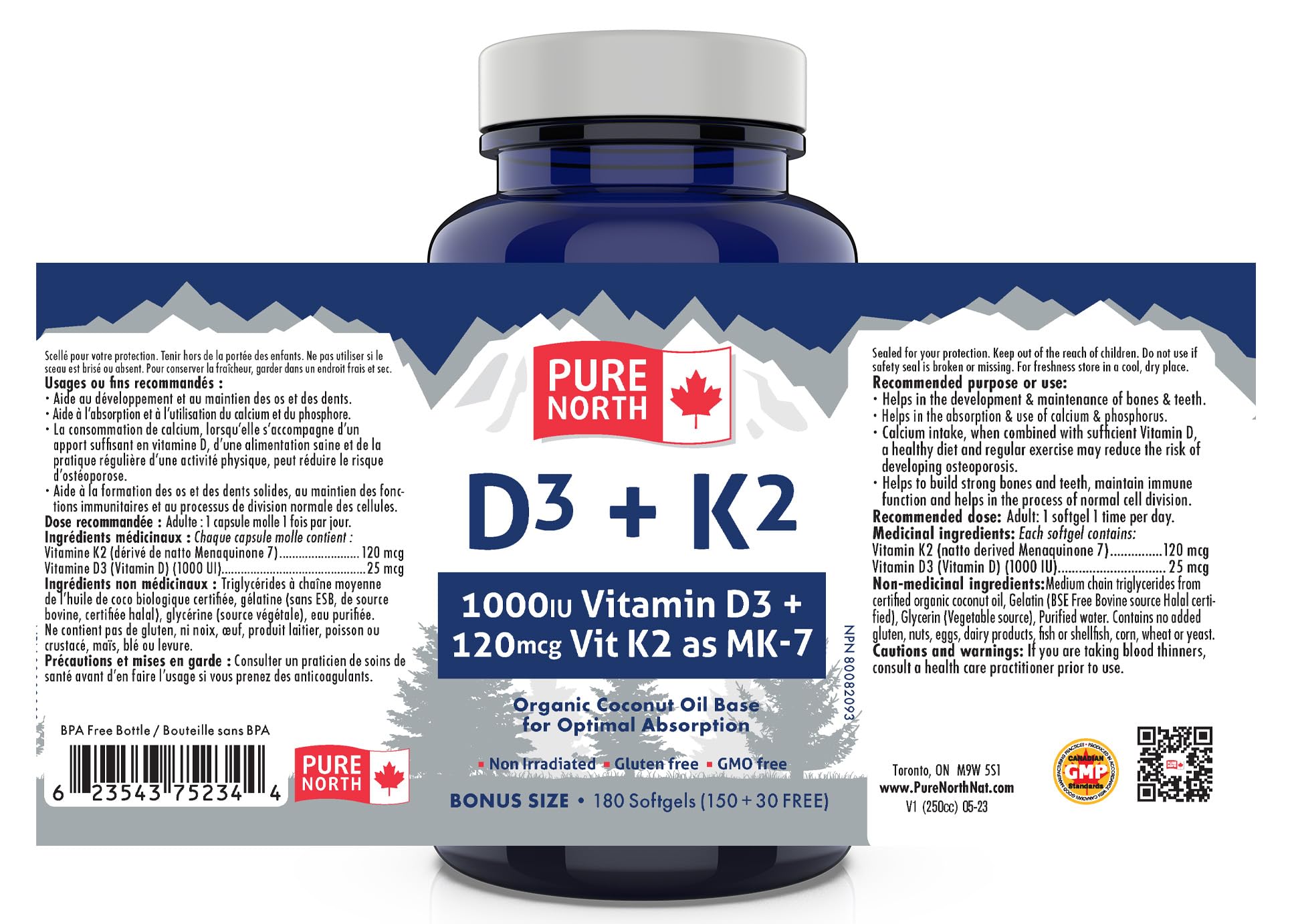 Pure North Naturals – Supplément de vitamines D3 + K2, 180 gélules (180 jours) – Santé des os et des dents – D3 1000 UI + K2 MK7 120 mcg avec huile de noix de coco biologique – Testé par des tiers – Formulé et fabriqué au Canada