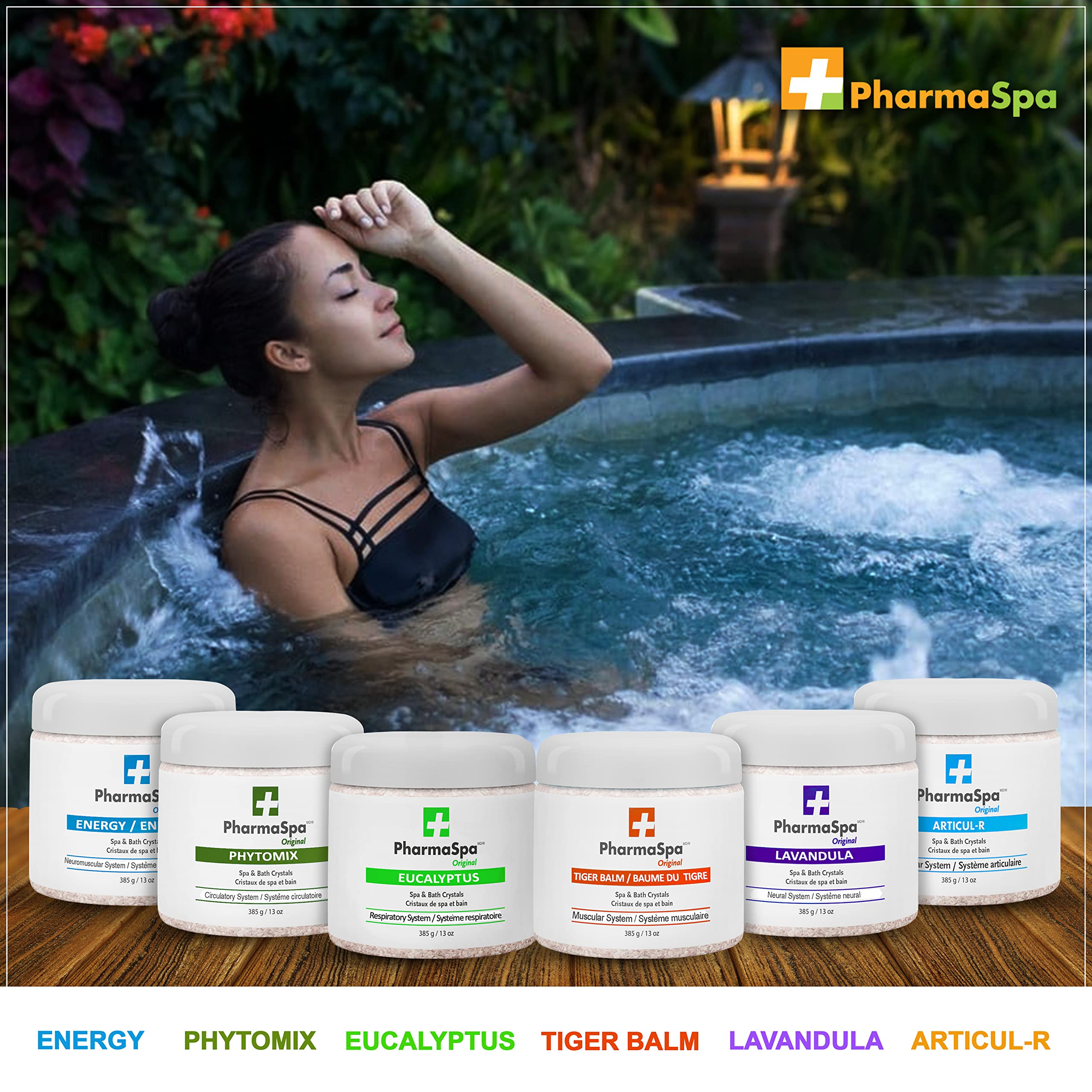 Pharmaspa Original : Cristaux de spa et de bain aux extraits entièrement naturels – 385 g/13 oz – Sel de bain d'Epsom pour l'aromathérapie et la relaxation dans les spas – Sans gluten, sans parabènes, sans cruauté