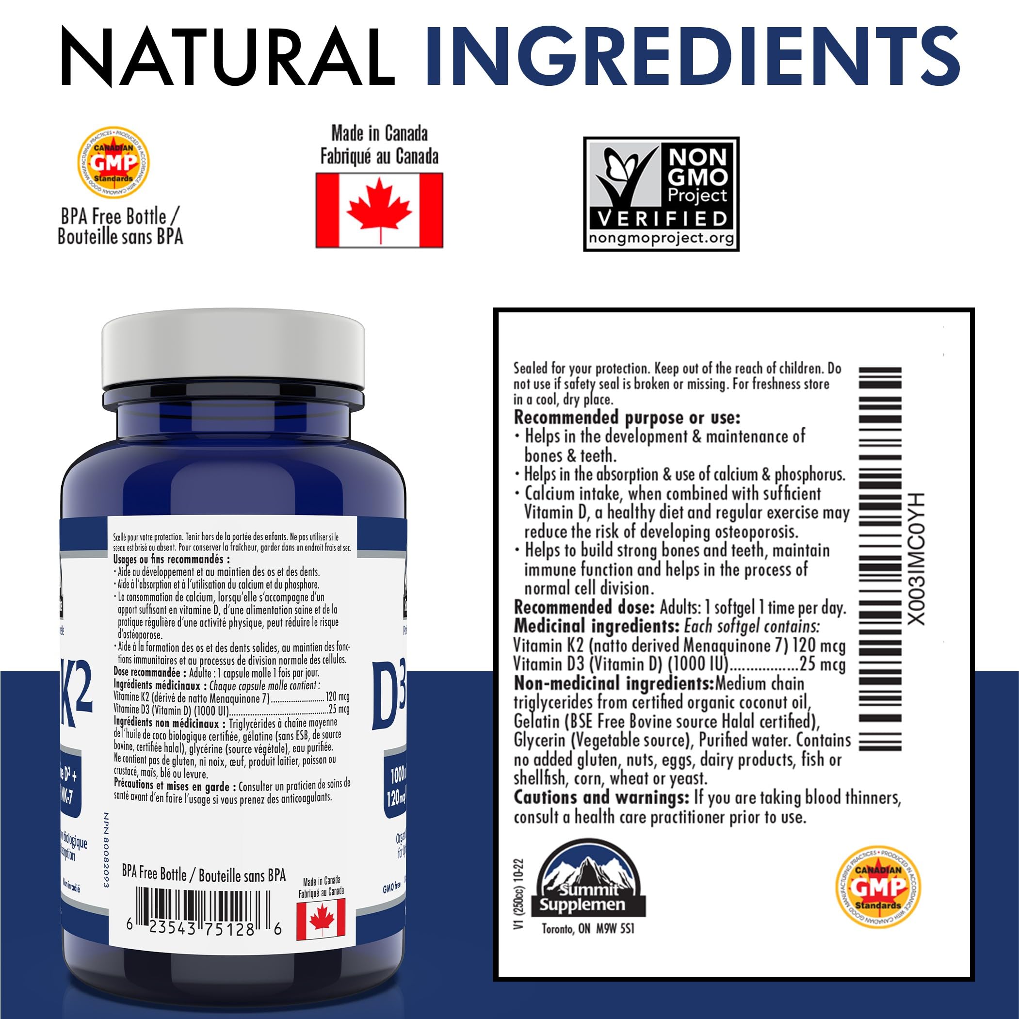 Vitamin D3 K2 180 Softgels, 6-Month Supply, 1000 IU D3 + 120mcg K2 MK-7, Organic Coconut Oil Base, Supports Bones, Teeth, Muscle & Immune System, GMO & Gluten-Free, Proudly Canadian, Plastic Negative