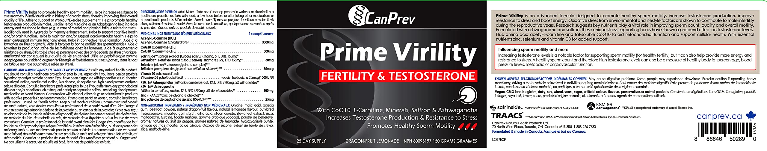 CanPrev Prime Virilité, Poudre 150g - Supplément de fertilité et de testostérone pour hommes avec Ashwagandha KSM-66, Glycinate de Zinc, CoQ10 et Safran - Soutien au bien-être pour la vitalité et l'équilibre