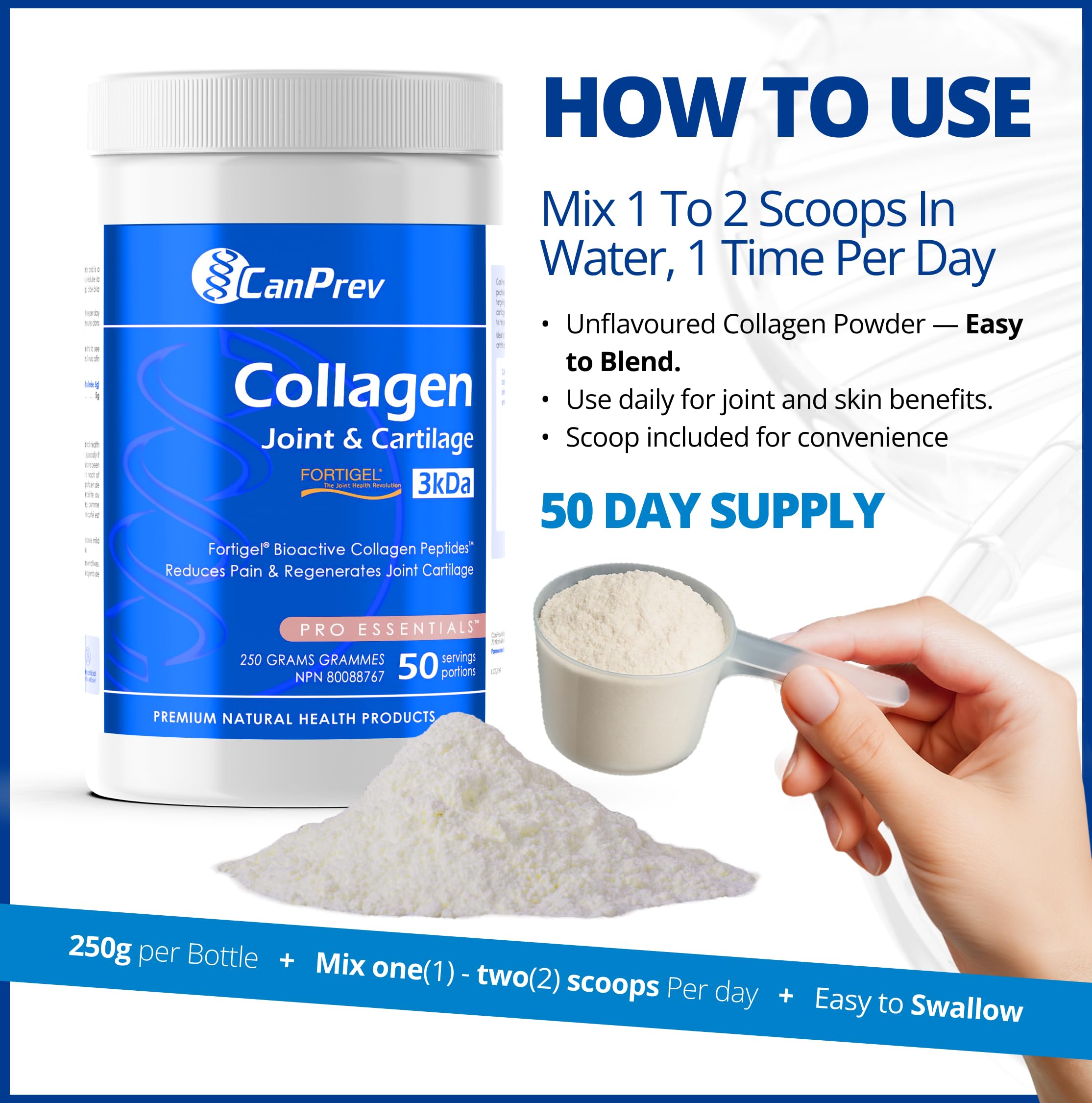 CanPrev Collagène Articulations et Cartilages - 250 g Poudre - 50 Portions - Peptides Protéiques Hydrolysées Types I et III pour le Soutien des Articulations, des Os, de la Peau et des Ongles - Paléo/Keto, Sans Gluten, Sans OGM