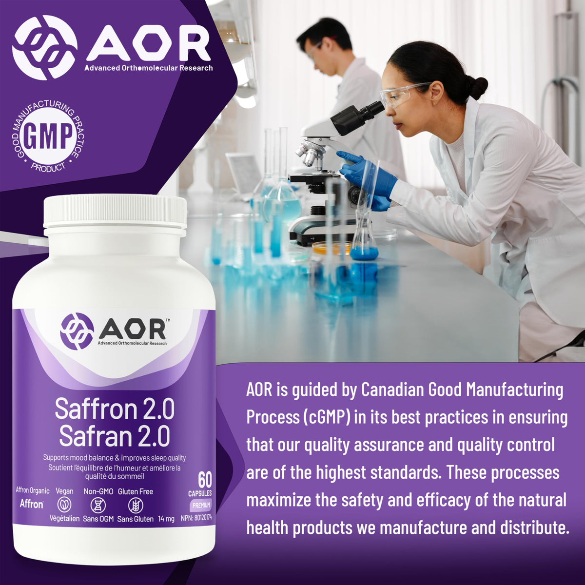AOR Saffron 2.0 Supplement, Gluten Free, 14 mg, 60 Capsules, 30-Day Supply