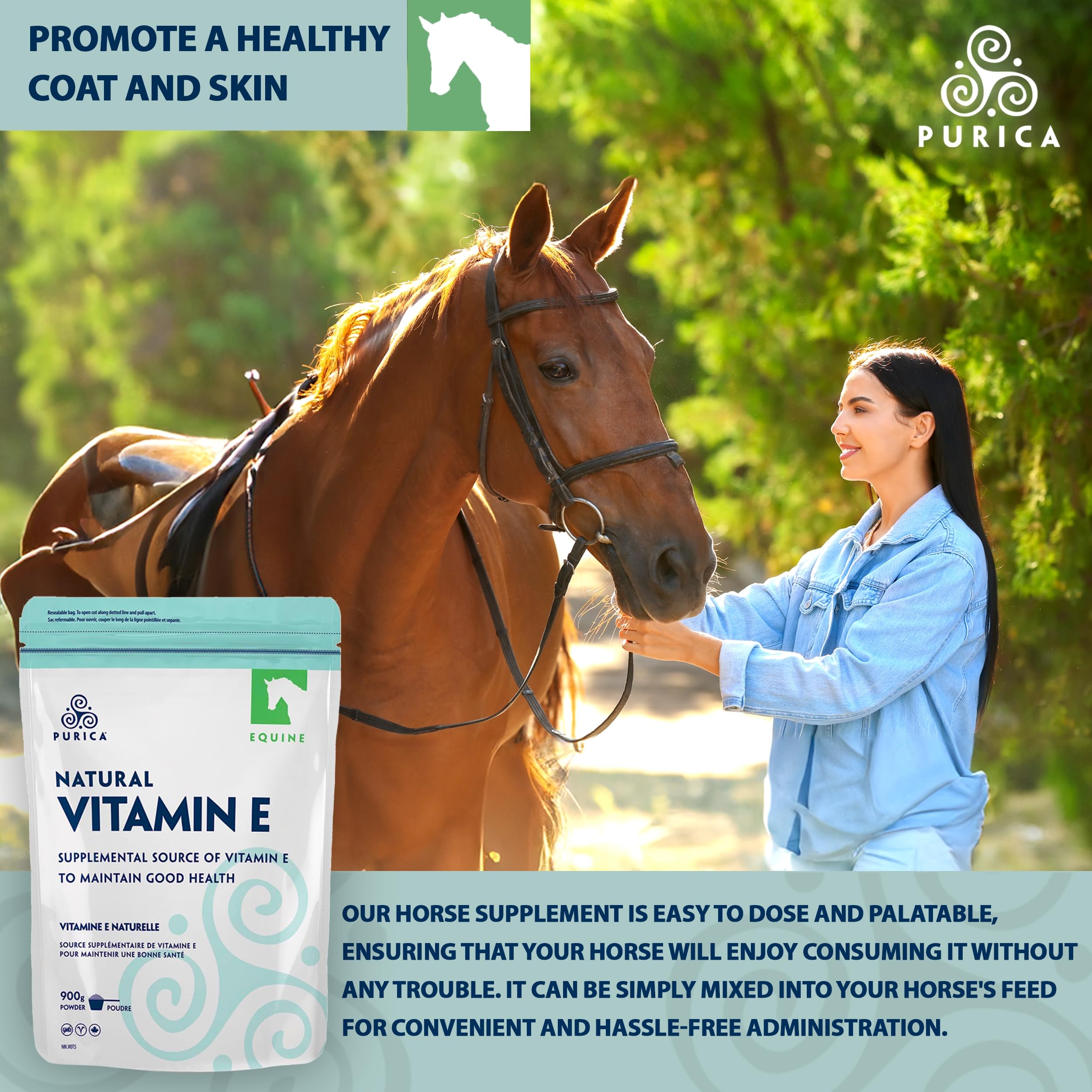 PURICA - Poudre de Vitamine E équine 900g - Supplément de Vitamine E D-Alpha Tocophérol - Supplément pour Chevaux - Suppléments de Santé pour Chevaux - Supplément de Santé Équine - Suppléments Équins - Supplément pour la Bonne Santé des Chevaux