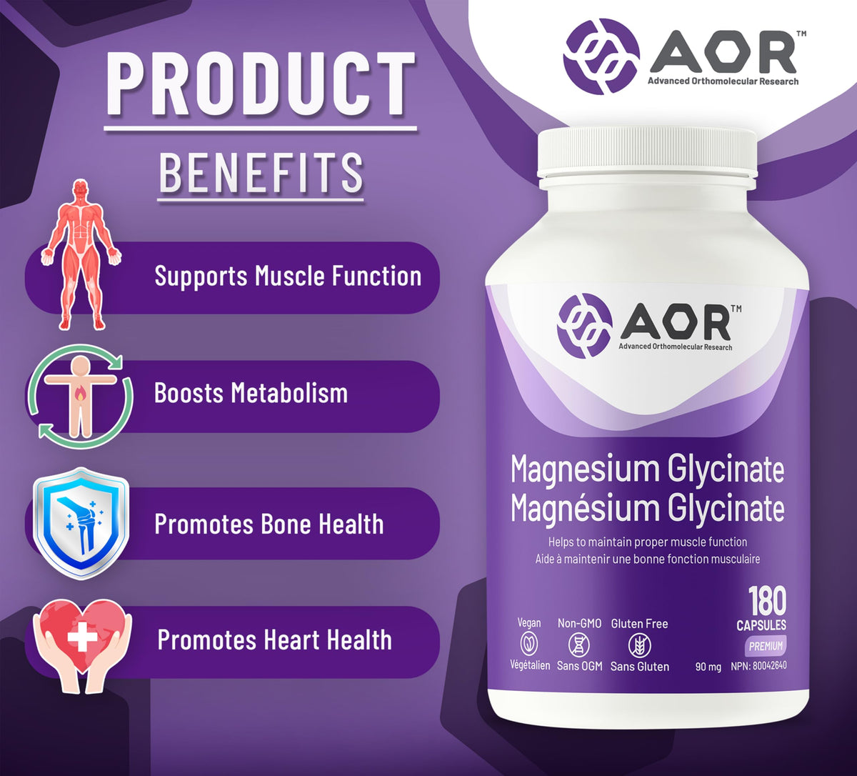 AOR Magnesium Glycinate Supplement, Gentle on Stomach, Vegan, 180 Capsules