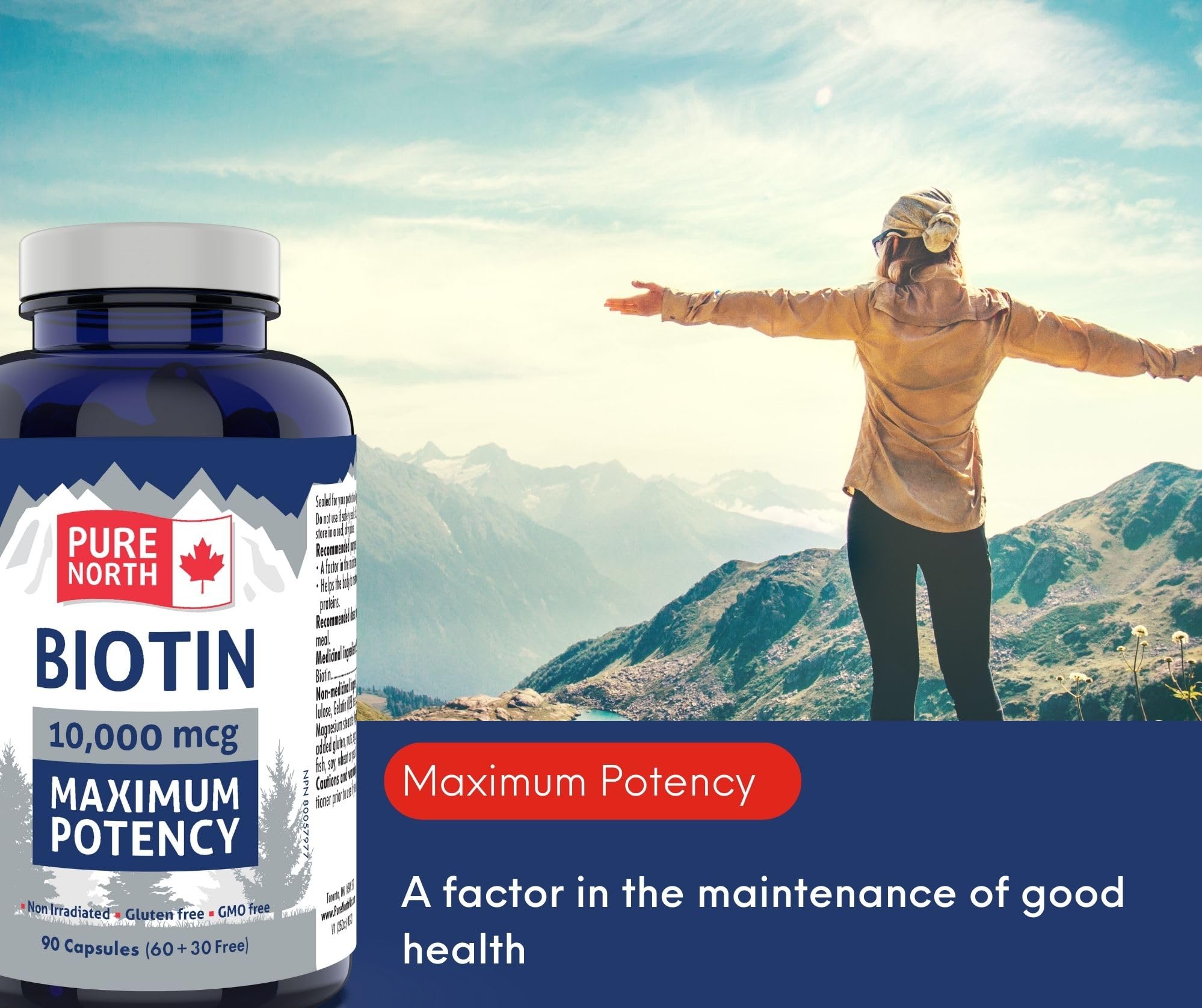 Pure North Naturals Biotin 10,000 mcg 90 Caps 90-Day Supply for Vibrant Growth & Radiance - Vegan, Non-GMO & Gluten-Free - Healthy Hair, Skin & Nails - Supports Brain Function & Cardiovascular System