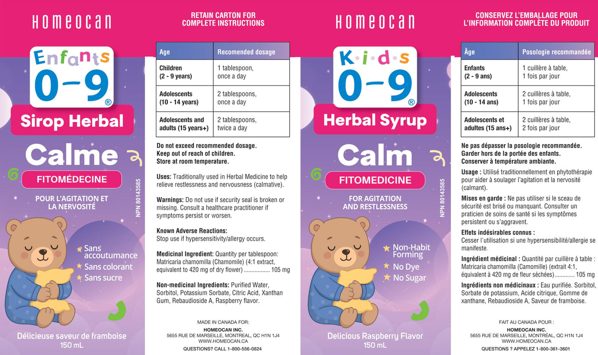 Homeocan Kids 0-9 Herbal Syrup Calm, Chamomile Supplement for Relaxation & Emotional Balance, Grape Flavor, 150ml, Non Habit Forming, Dye & Sugar-Free