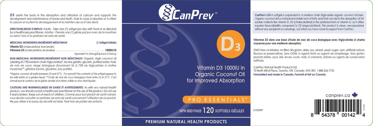 CanPrev Vitamin D3 Softgels, 1000 IU, Organic Coconut Oil, 120-Day Supply
