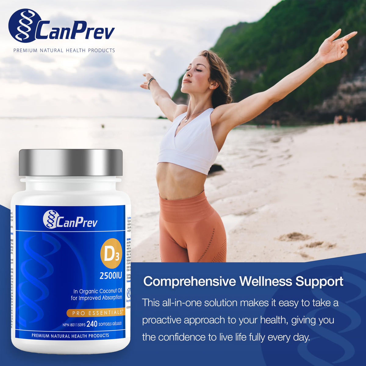 CanPrev Vitamin D3 2500 IU Softgels, MCT Oil, Lanolin-Derived, 240 Softgels