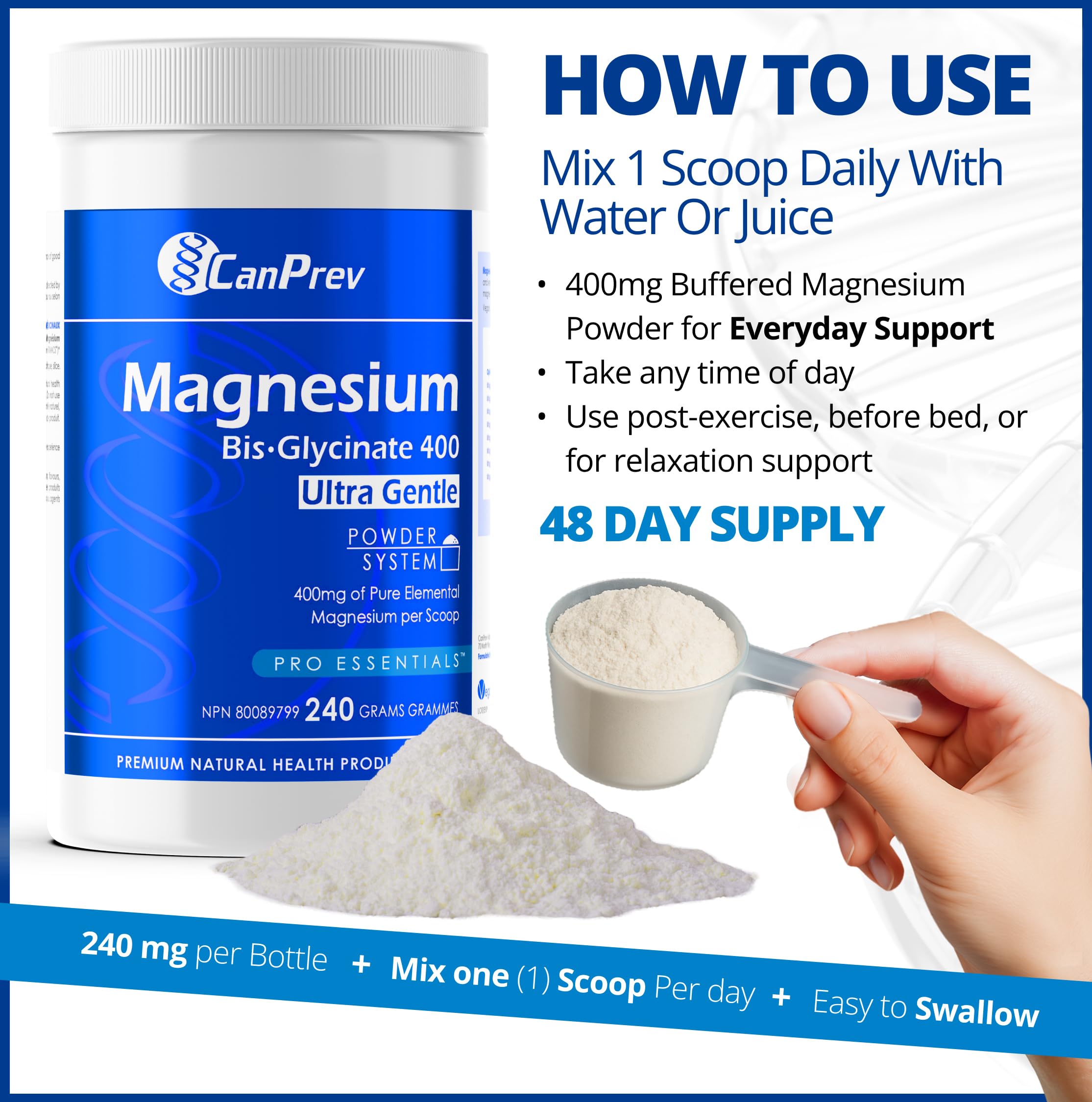CanPrev Magnesium Bisglycinate Ultra Gentle 240g Powder 48-Servings - 400mg of Pure Elemental Magnesium Per Scoop - Chelated Complex - Muscle Health, Calm, Relaxation, Bone Health and Cramp Relief