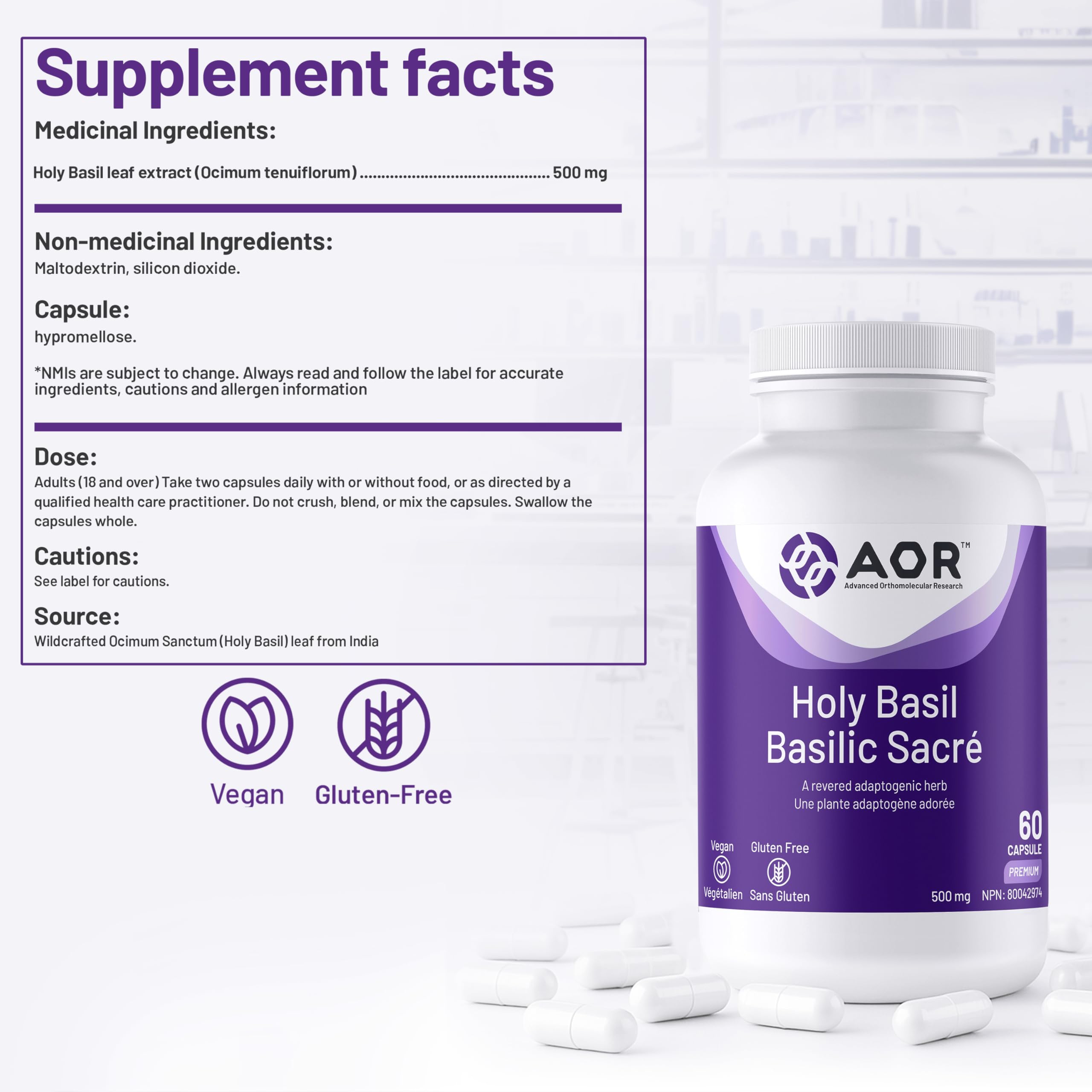 AOR Basilic Sacré (Tulsi) 500mg, 60 gélules – Cure de 30 jours – Herbe adaptogène vénérée, Bienfaits traditionnels de l'Ayurveda – Végétalien et sans gluten – Favorise le niveau d'énergie, Formule à base de plantes pour la vitalité quotidienne