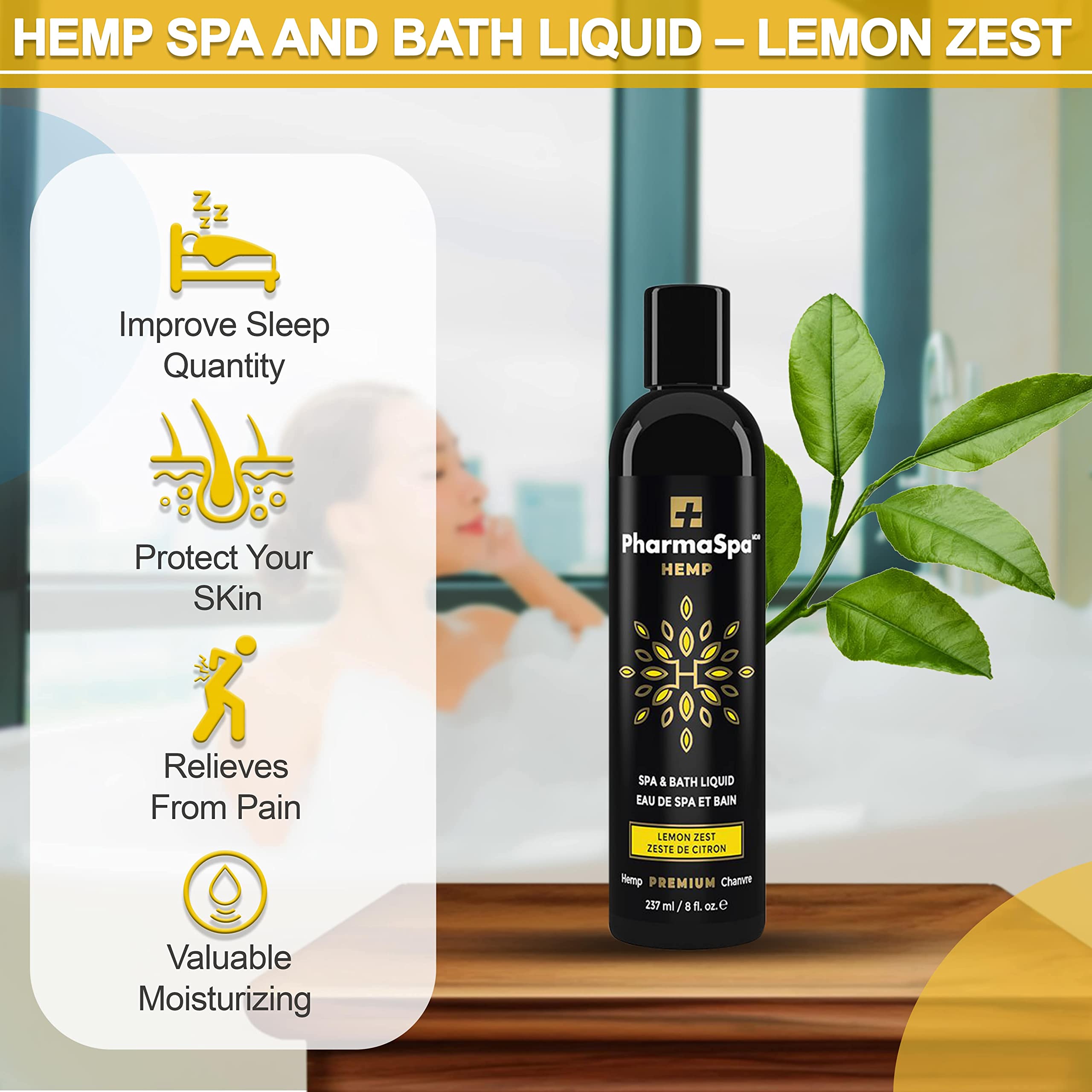 Liquide pour Spa et Bain aux Graines de Chanvre et Extraits Entièrement Naturels – 237 ml/8 fl oz – Liquide d'Aromathérapie pour Baignoire Spa – Sans Gluten, Sans Parabènes, Non Testé sur les Animaux