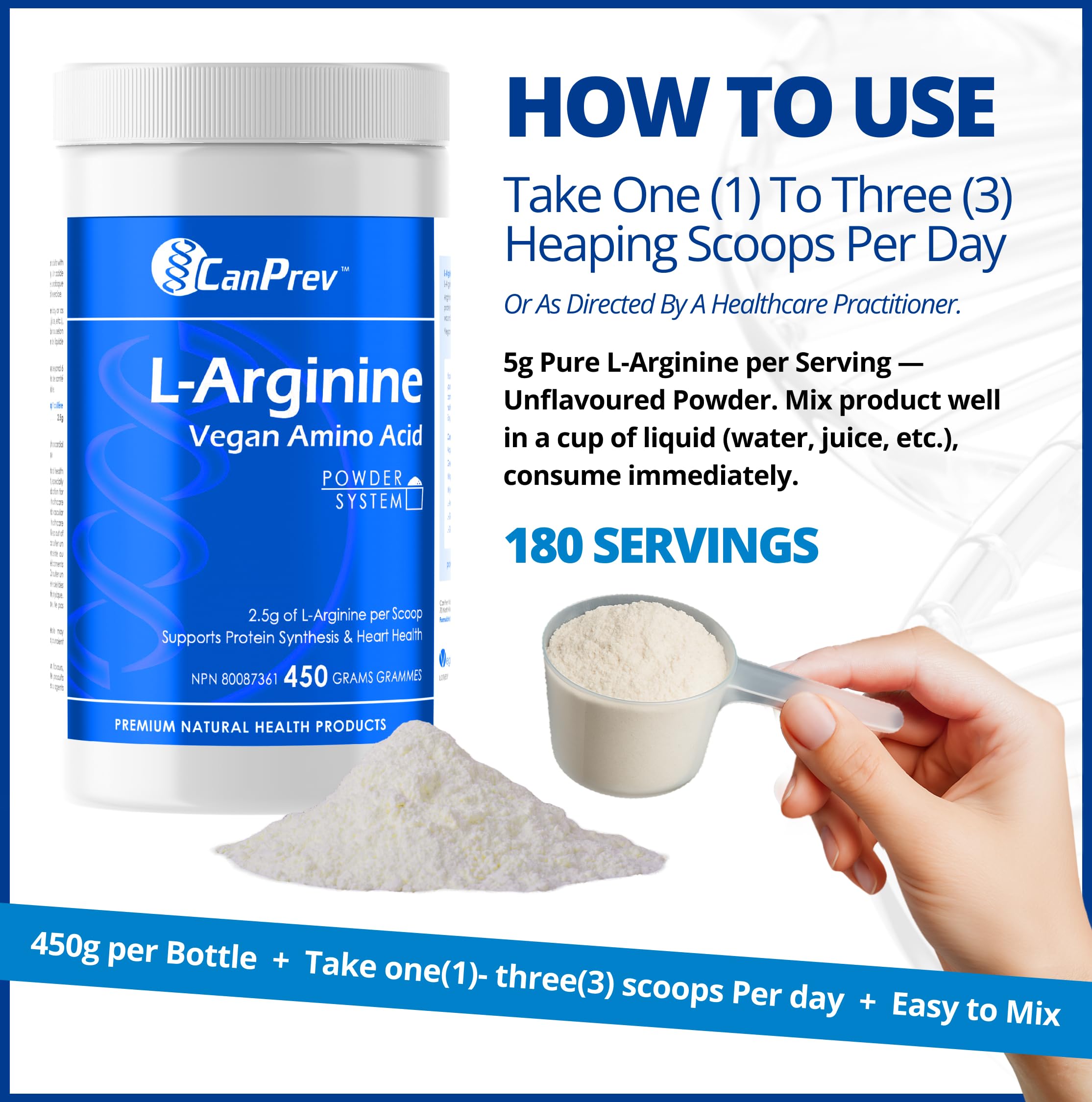 CanPrev L-Arginine Poudre d'Acides Aminés Végétalienne 450g 180 Portions - Soutient la Synthèse Protéique et la Santé Cardiaque - 2.5g de L-Arginine Par Cuillère - Améliore la Performance Athlétique et l'Énergie - Facile à Mélanger Avant l'Entraînement