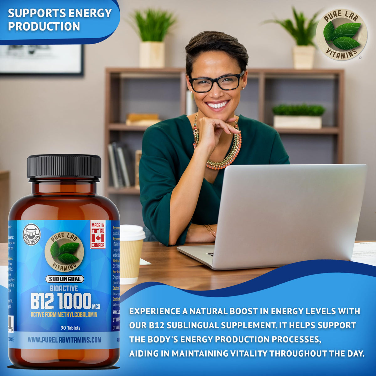 Pure Lab Vitamins | Bioactive B12 1000mcg Sublingual | 90 Tablets | Vitamin B12 Methylcobalamin B12 1000mcg | Methyl B12 Sublingual Methylcobalamin B12 Supplement | Support Energy Production & Metabolism