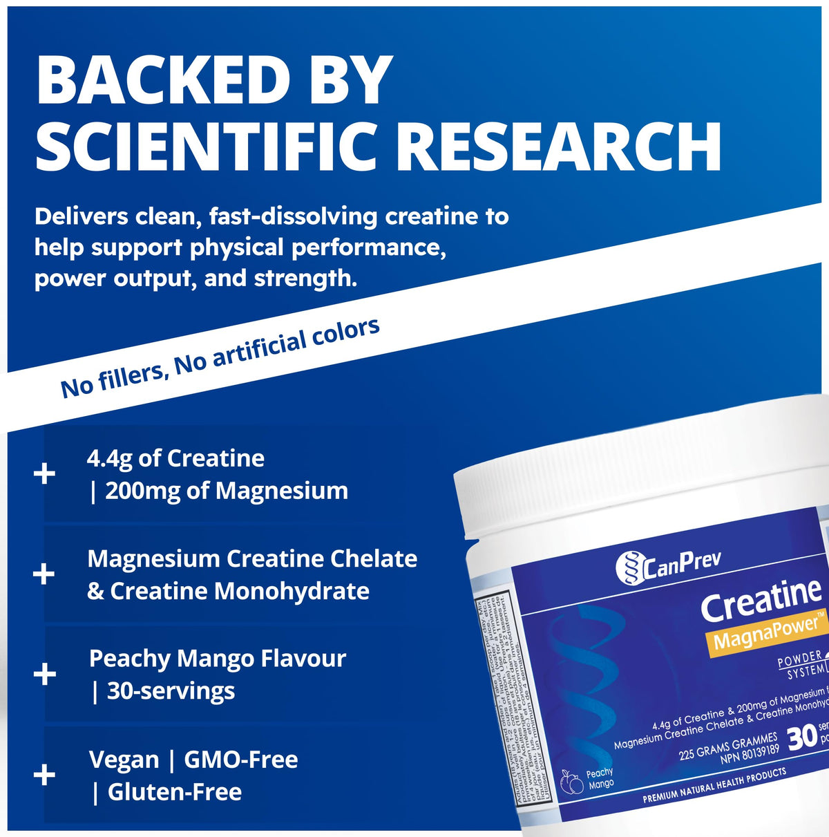 CanPrev Creatine MagnaPower Powder, 200mg Magnesium, Peachy Mango, 225g
