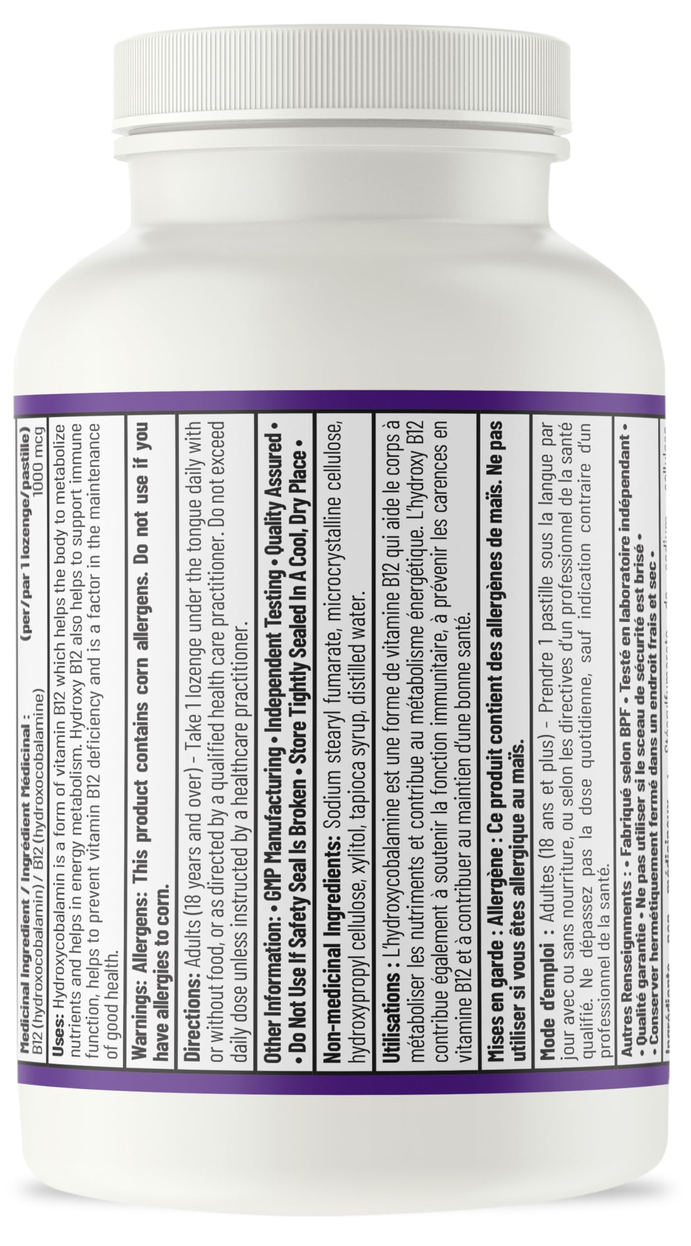 AOR Hydroxy B12 1000mcg, 60 pastilles, approvisionnement de 60 jours – Supplément de vitamine B12 (hydroxocobalamine) pour l'énergie et le soutien métabolique – Soutien optimal du système nerveux – Végétalien, sans OGM et sans gluten