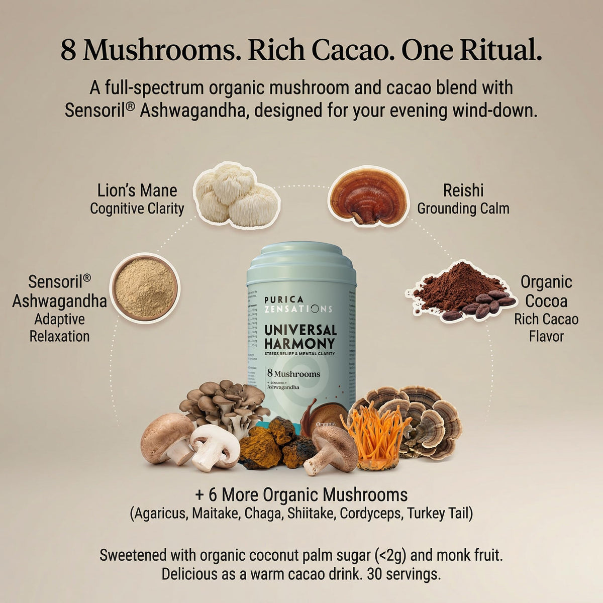 PURICA Zensations Universal Harmony Powder, Cacao, 125 mg Ashwagandha, 150g