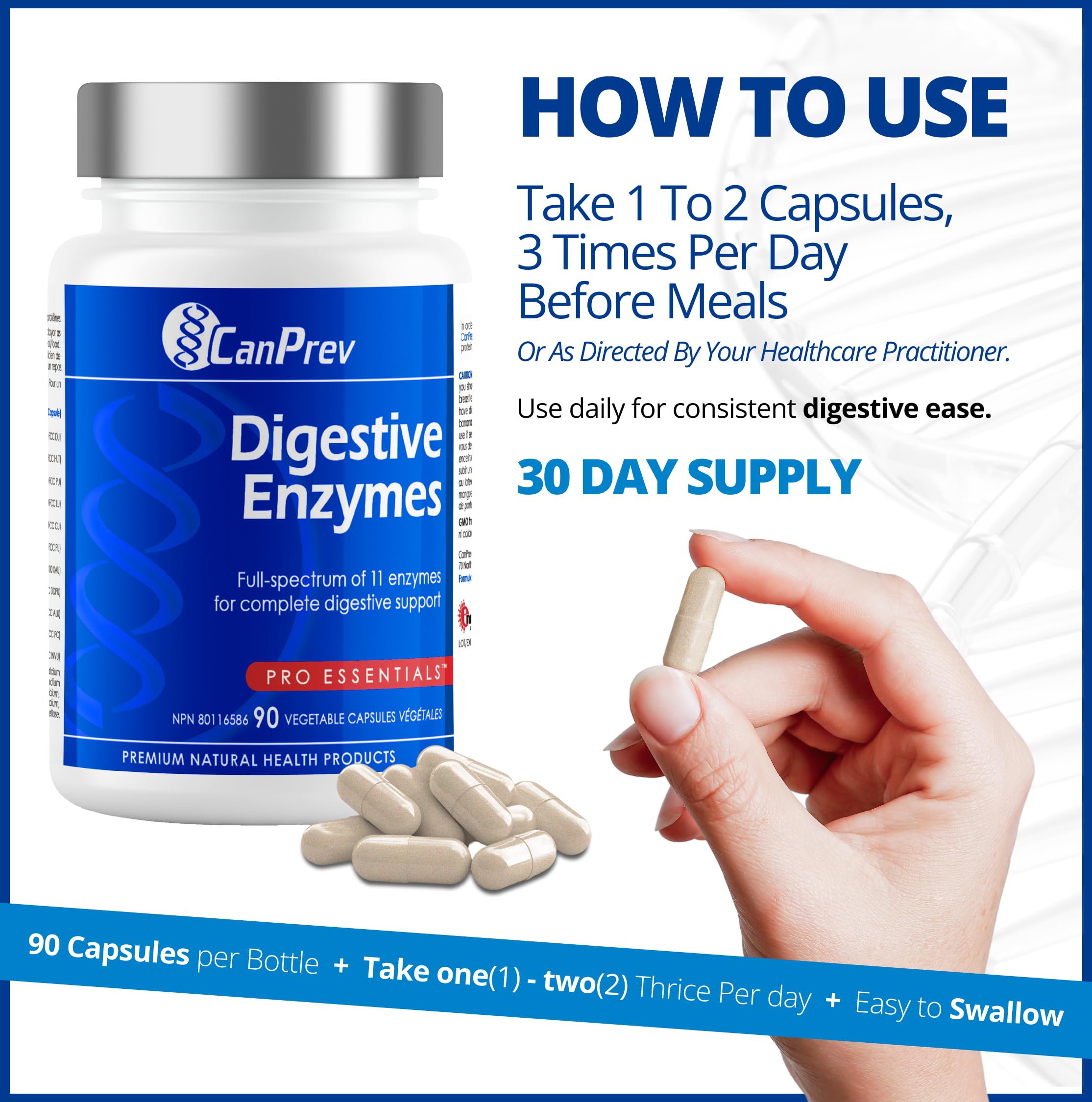 CanPrev - Complément d'enzymes digestives, 90 capsules (approvisionnement de 30 jours) - Spectre complet de 11 enzymes digestives pour les gaz intestinaux, la digestion, l'indigestion et le soulagement des ballonnements - Aide à décomposer les protéines