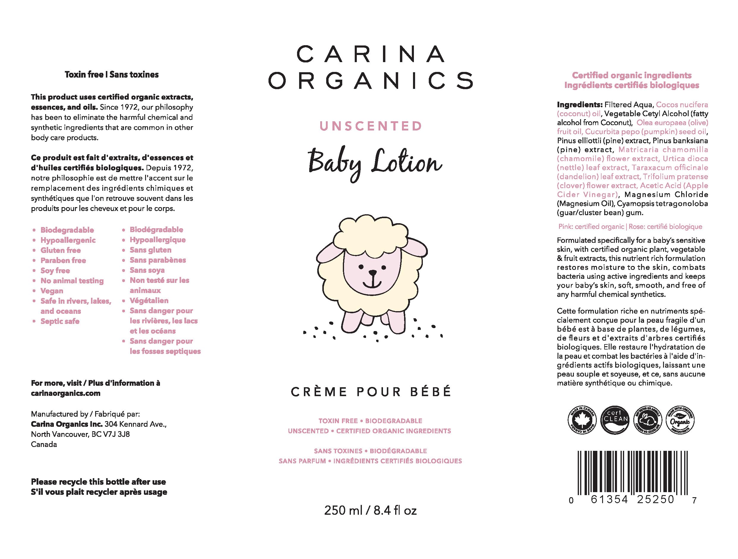 Carina Organics Extra Gentle Baby Lotion, Organic & Natural, for Sensitive Skin, Whole Body, 8 fl oz