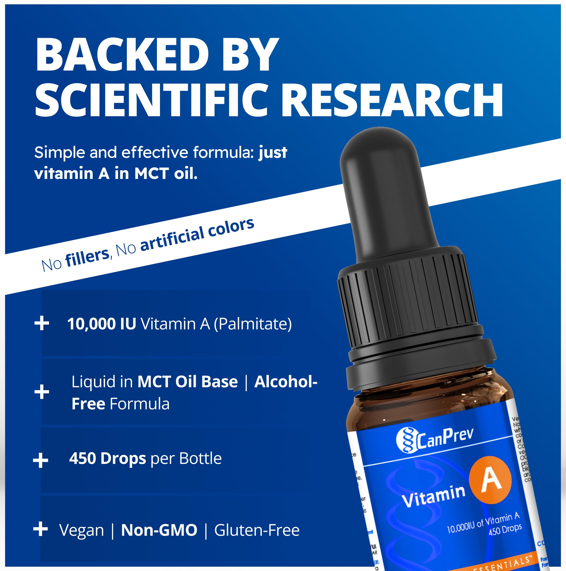 CanPrev Vitamine A Gouttes 15 ml, 10 000 UI Vitamine A Liquide avec 450 Portions, Soutien de la Santé Oculaire, de la Peau, du Bien-être Osseux et de la Fonction Immunitaire, Formulée avec du Palmitate de Rétinyle Tout-Trans - Végétalien et Sans Gluten