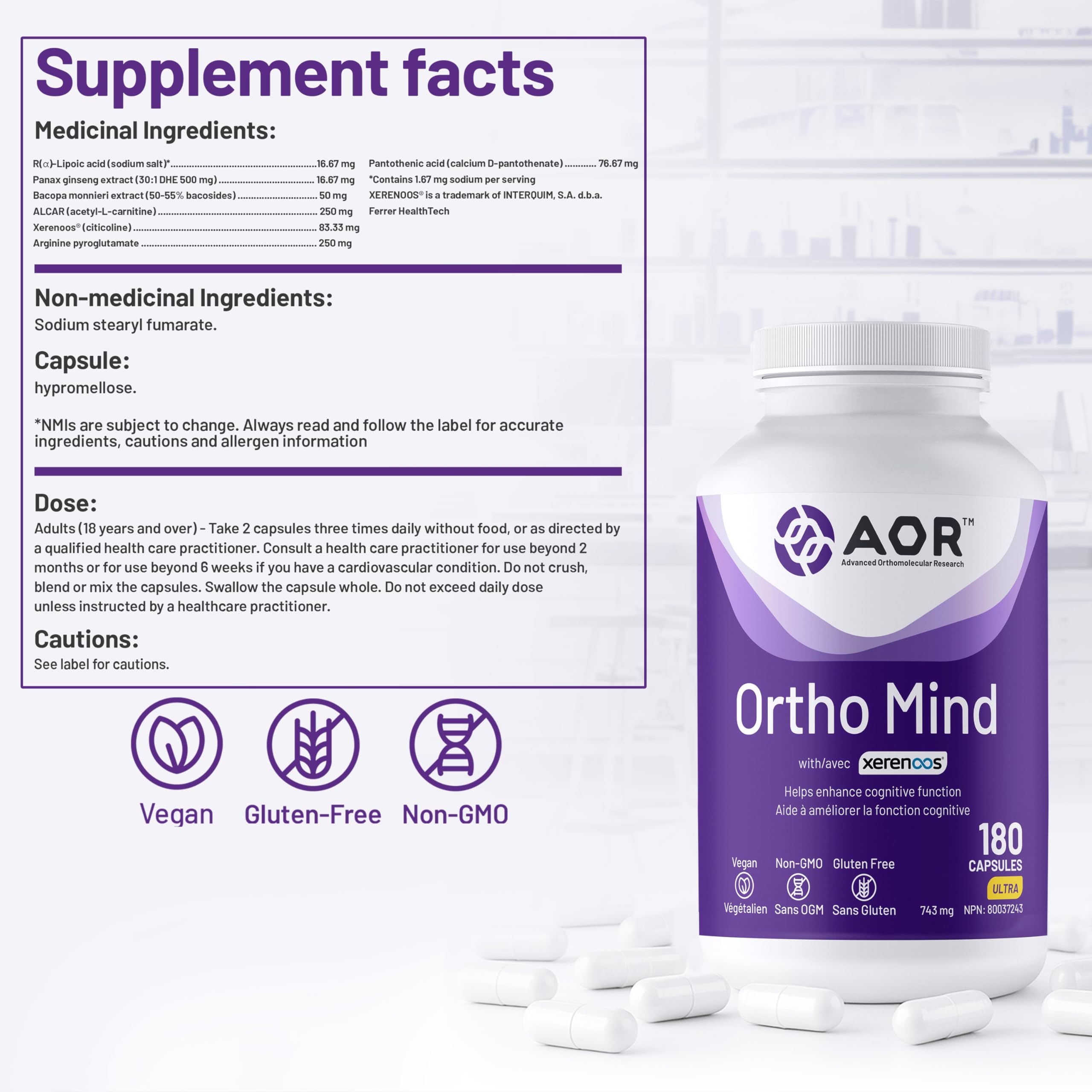 AOR Ortho Mind Soutien cognitif, 180 capsules, approvisionnement de 30 jours – Soutient la concentration et la clarté mentale – Végétalien, sans OGM et sans gluten – Ginseng, acétyl L-carnitine, acide alpha-lipoïque, vitamine pour le soutien cérébral