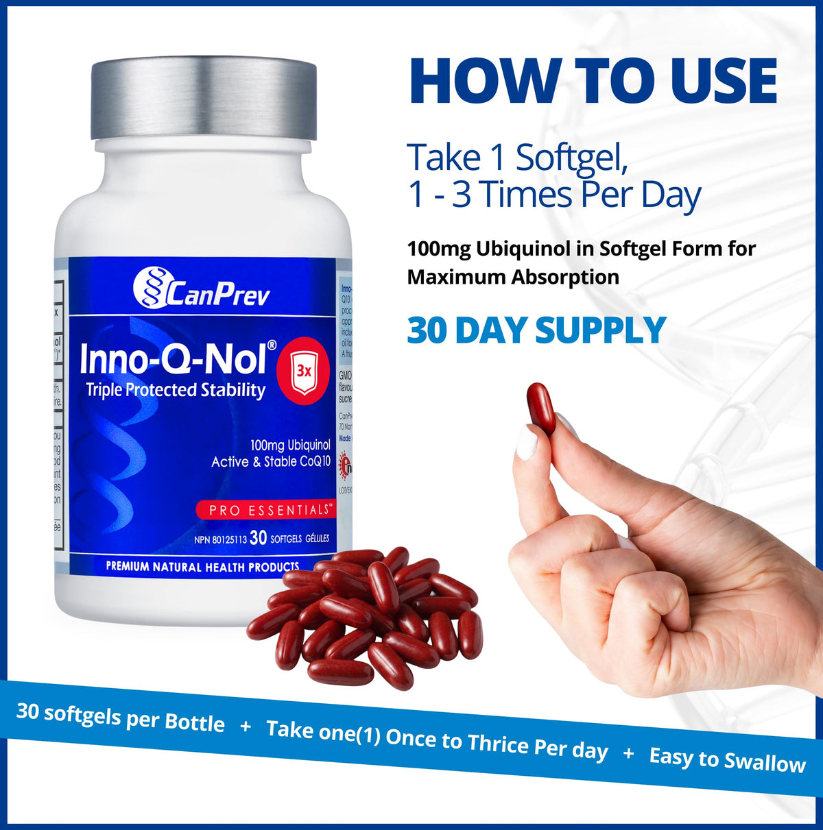 CanPrev Inno-Q-Nol Ubiquinol CoQ10 Softgels, For Adults, 100mg, 30 Softgels