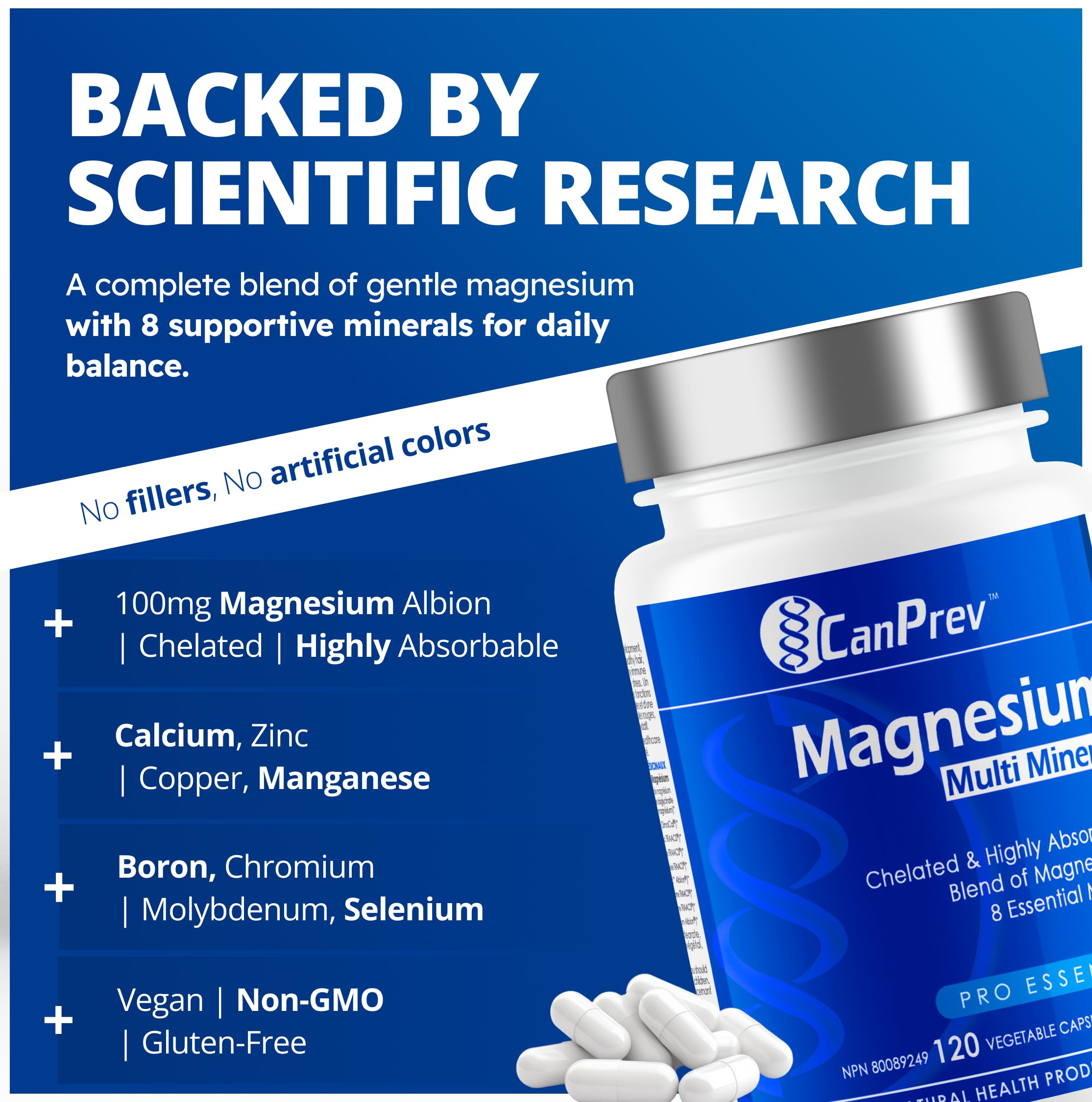 CanPrev Complexe Multi-Minéraux Magnésium, 120 Gélules Végétaliennes, 40 Jours d'Approvisionnement - Absorption Améliorée avec 8 Minéraux Chélatés Essentiels - Magnésium, Sélénium, Calcium et Plus pour le Bien-être Quotidien