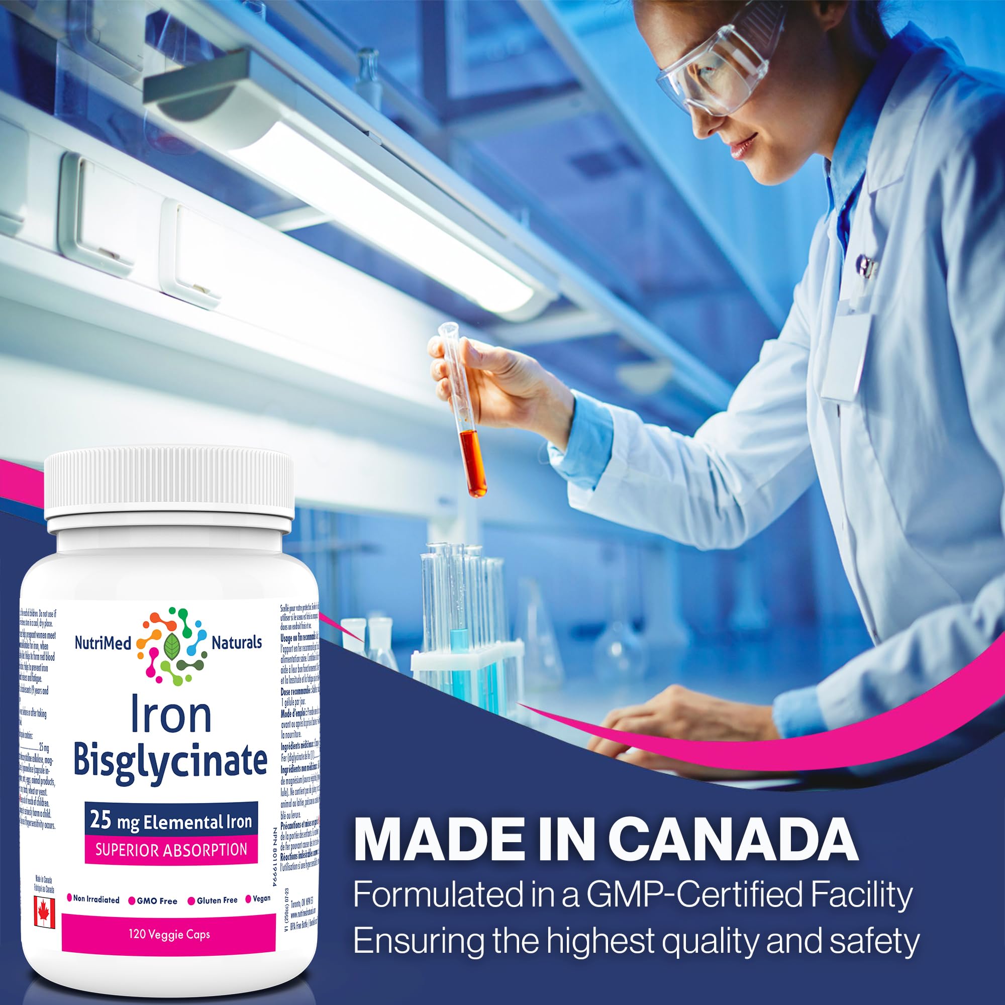 Nutrimed Naturals - Bisglycinate de Fer, 120 Gélules Végétaliennes, 120 Jours d'Approvisionnement - 25mg de Fer Élémentaire pour l'Anémie Ferriprive et la Fatigue Associée - Testé par un Tiers - Formulé et Fabriqué au Canada