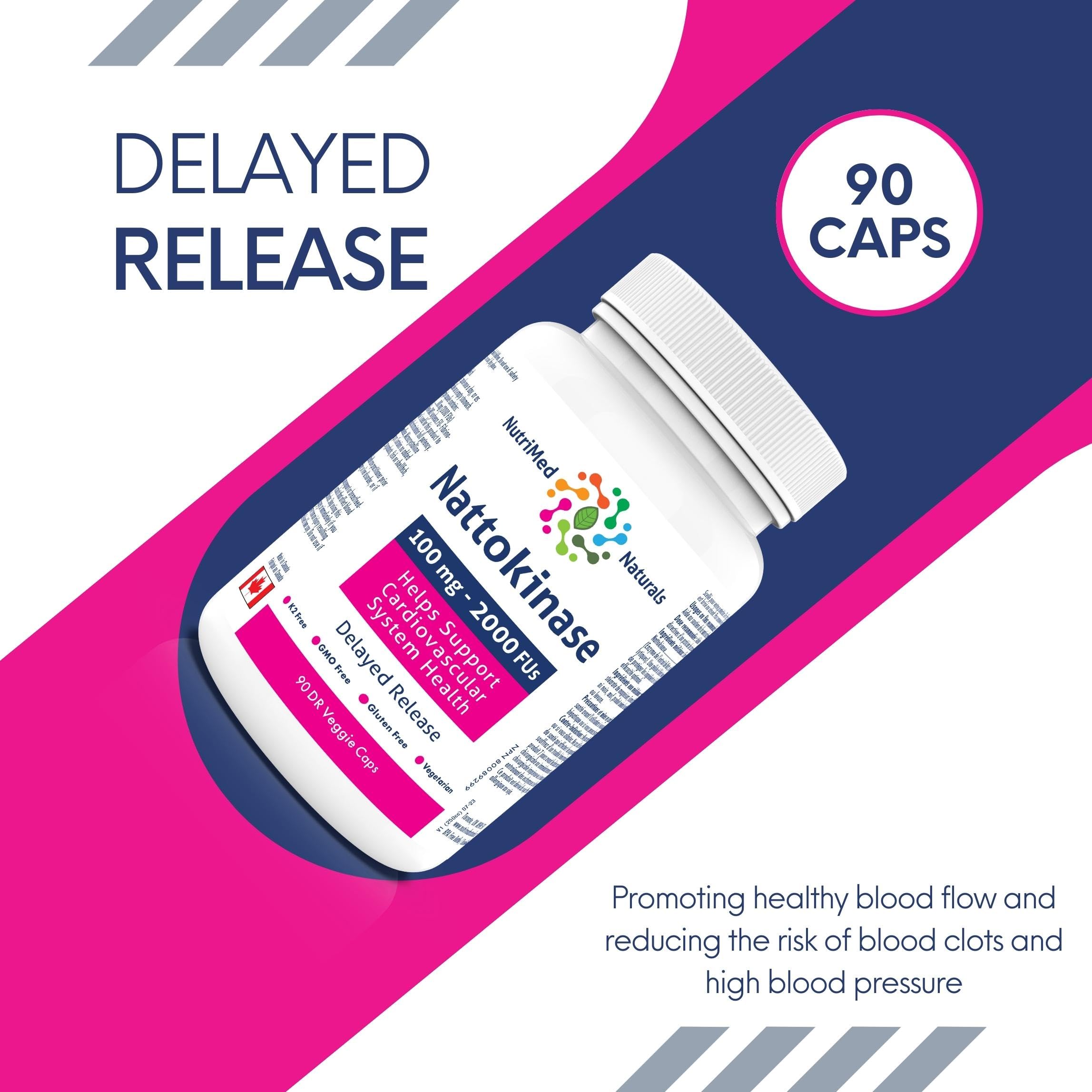 Nutrimed Naturals - Nattokinase Gélules 90 Gélules - Approvisionnement de 90 jours - Nattokinase 100mg 2000 FUs - Aide à soutenir la santé du système cardiovasculaire - Testé par des tiers - Formulé et fabriqué au Canada