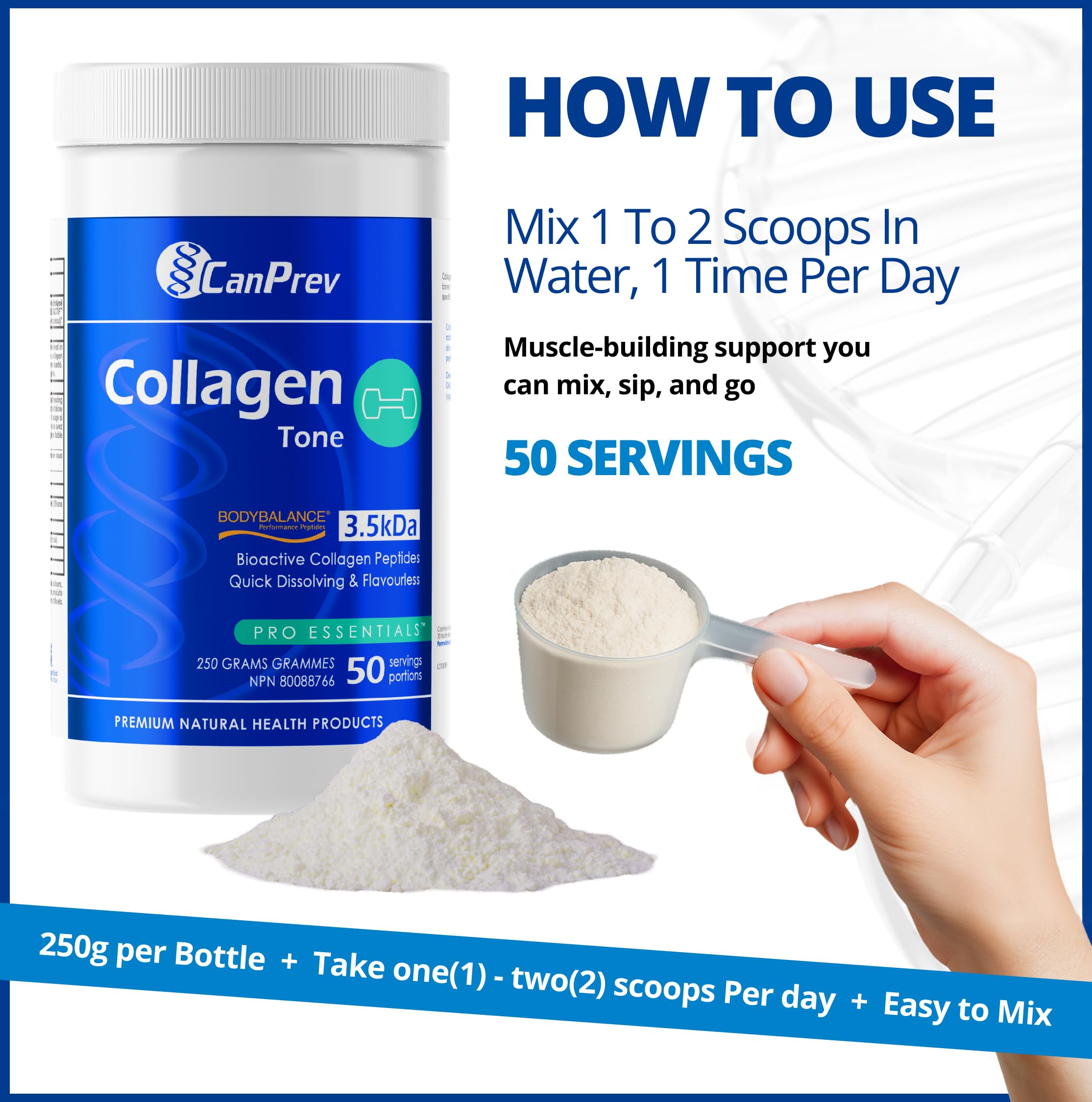 CanPrev - Collagène Tonus Musculaire, 250g Poudre 50 Portions - Sans OGM et Sans Gluten - Peptides de Collagène Bioactifs Ciblent les Cellules Musculaires et Favorisent la Masse Maigre - Soutient la Santé Articulaire et Favorise la Récupération