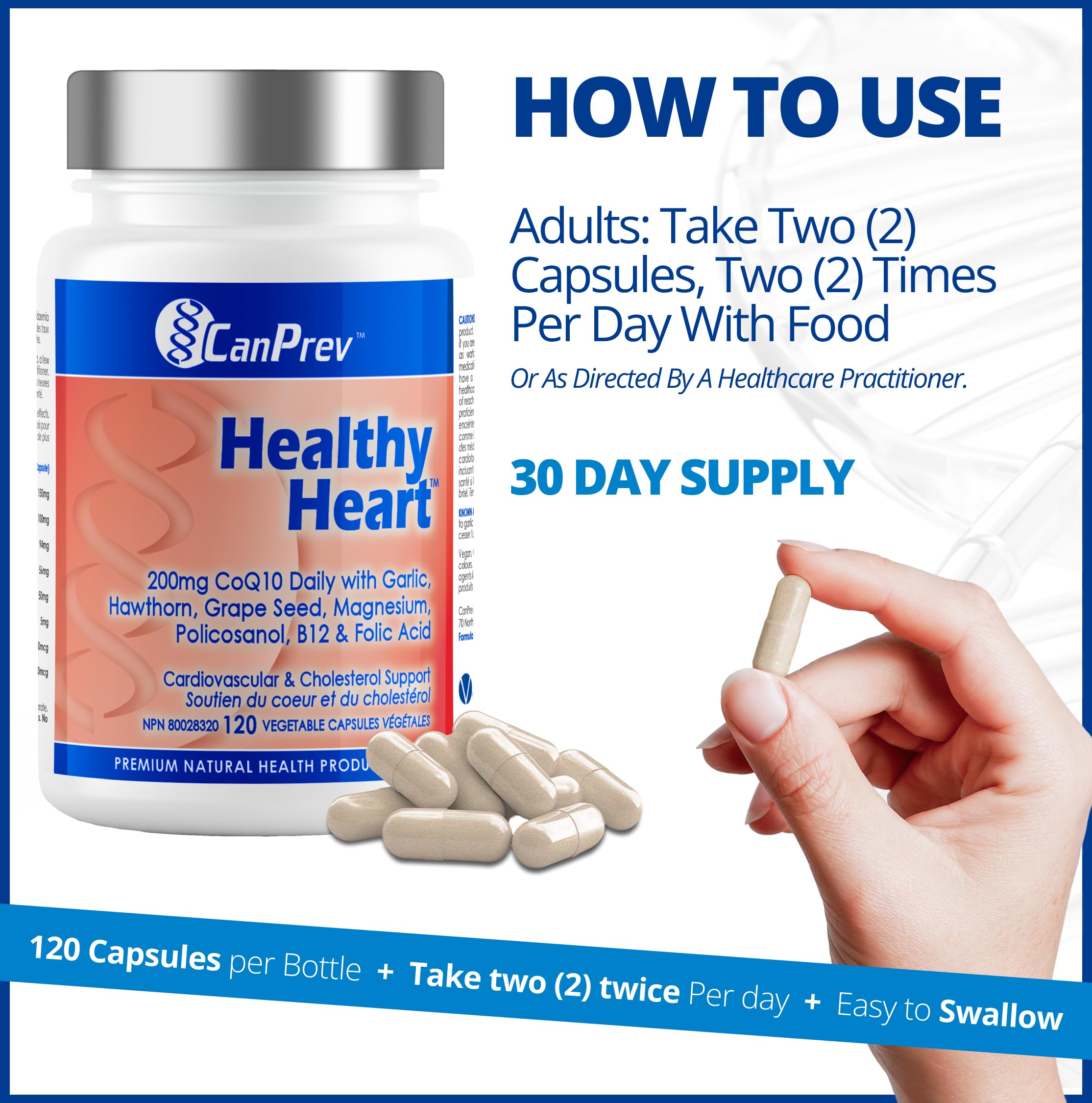 CanPrev Coeur Sain, 120 Gélules Végétaliennes, Approvisionnement de 30 jours - Enrichi en Coenzyme Q10, Bisglycinate de Magnésium et Vitamine B12 - Conçu pour la Santé Cardiaque, un Cholestérol Équilibré et une Meilleure Qualité de Sommeil