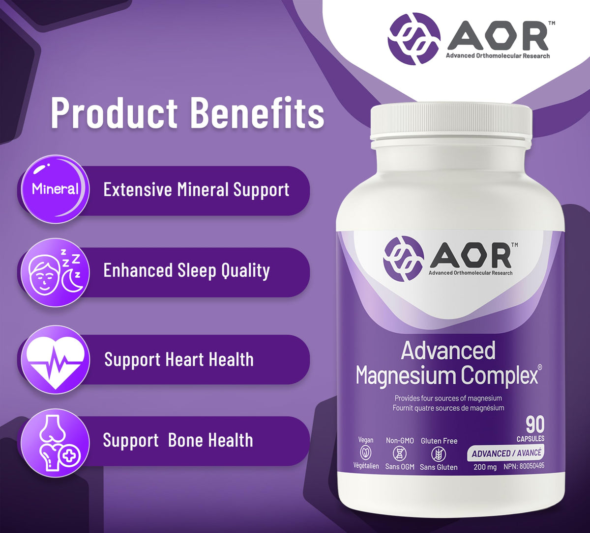 AOR Magnesium Complex, Magnesium Supplement, Vitamin C 100 mg, 90 Capsules