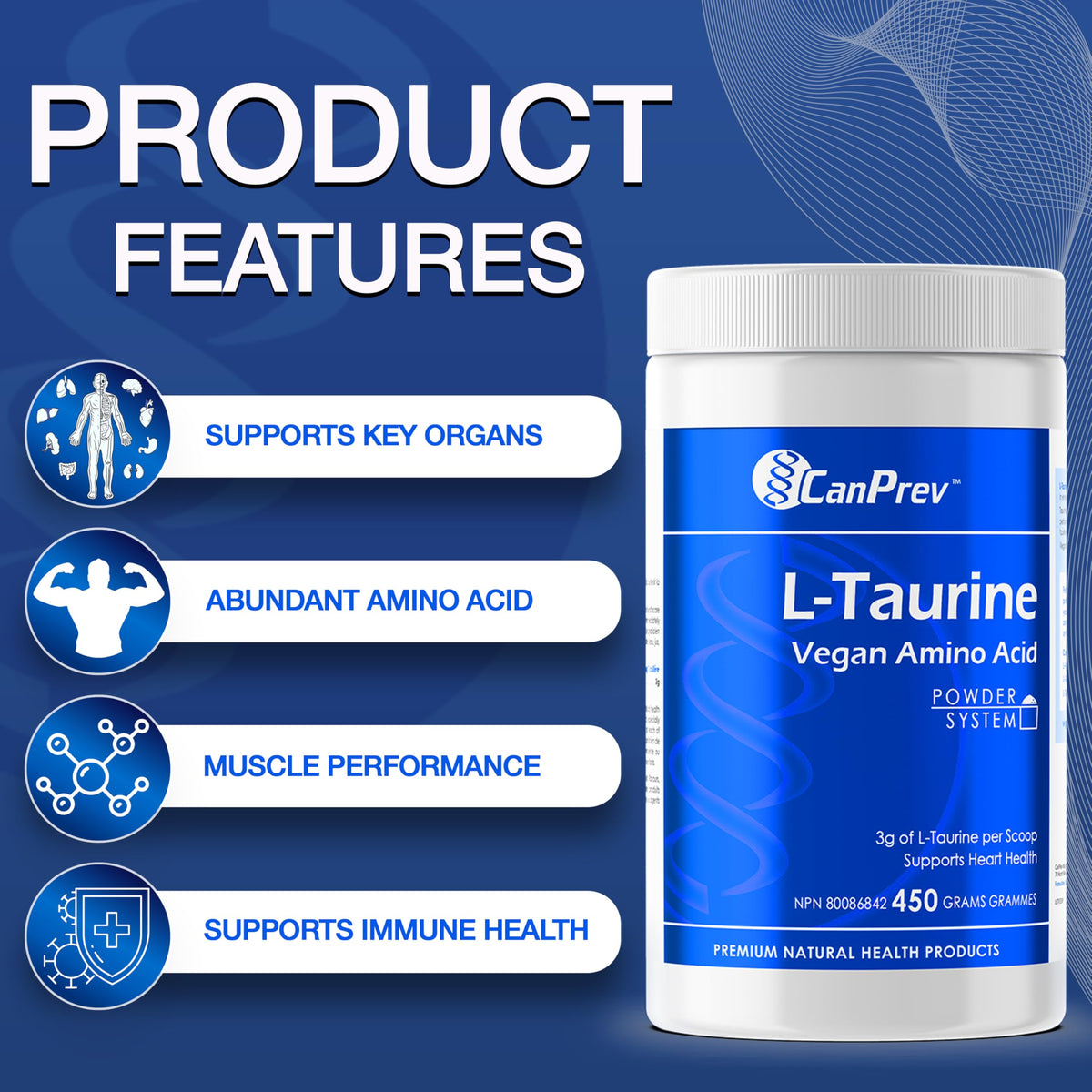 CanPrev L-Taurine Amino Acid Powder, Fermented, Vegan, 3 g per Scoop, 450 g