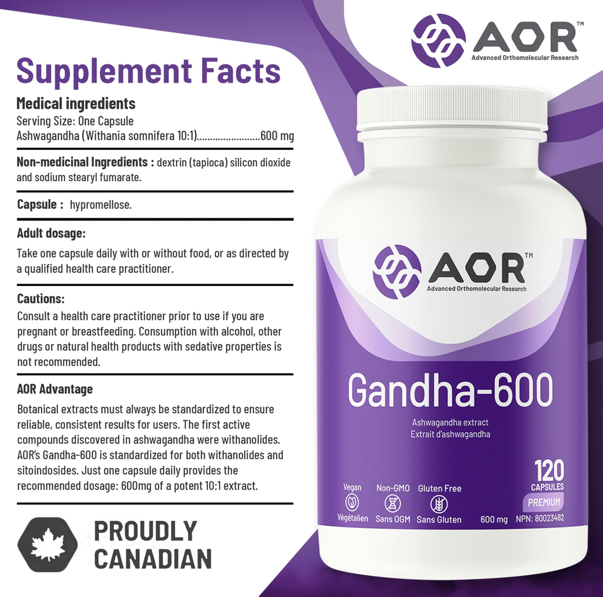 AOR Gandha-600 Organic Ashwagandha Supplement, 600 mg, 120 Capsules